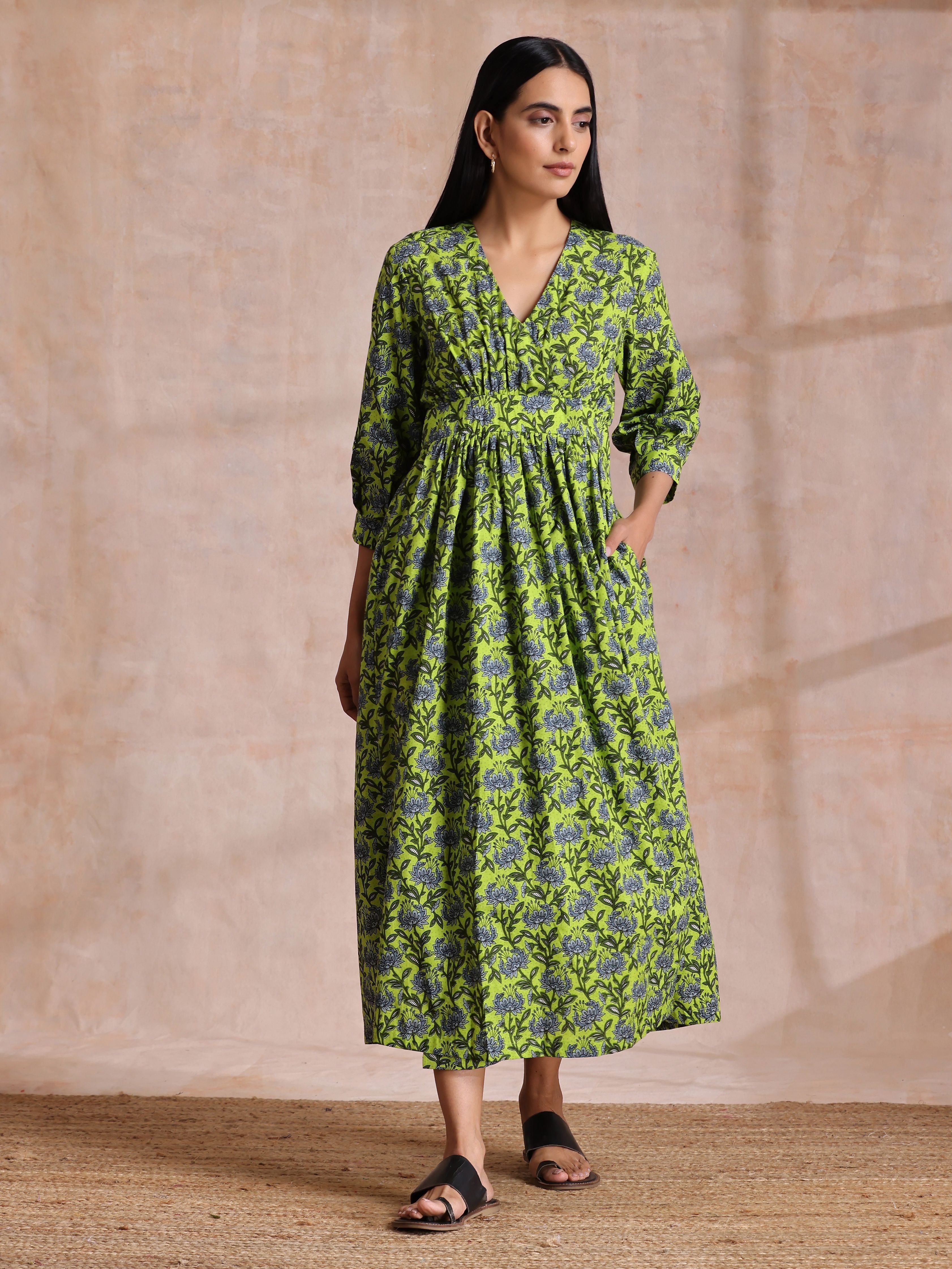 trueBrowns Lime Green Overall Blue Floral Block Print Cotton Wrap Dress