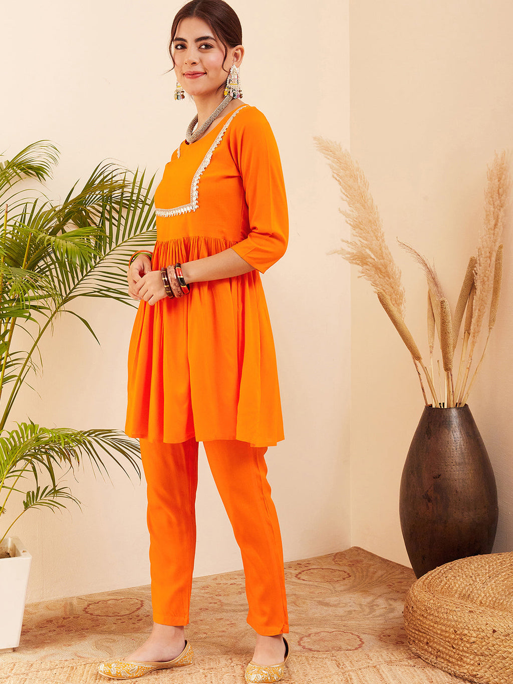 InWeave Women's Orange Round Neck Square Gota Work Kurta Pant Set