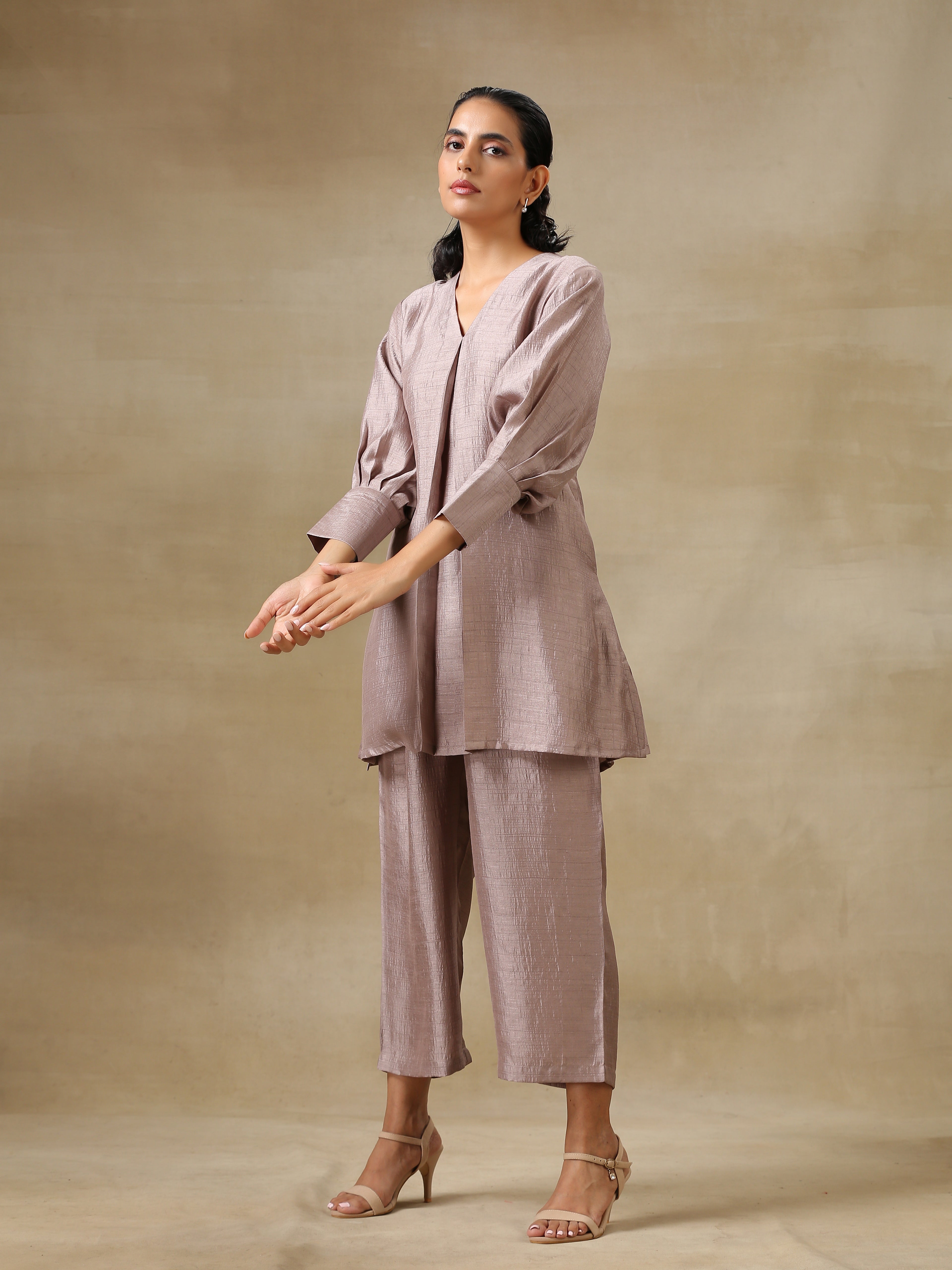 trueBrowns Grey Textured Silk Neck Pleat Co-Ord Set