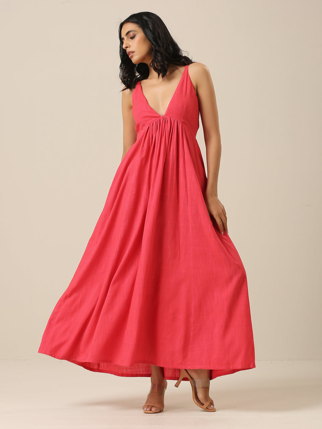 trueBrowns Bright Pink Slub Texture Sleeveless Dress