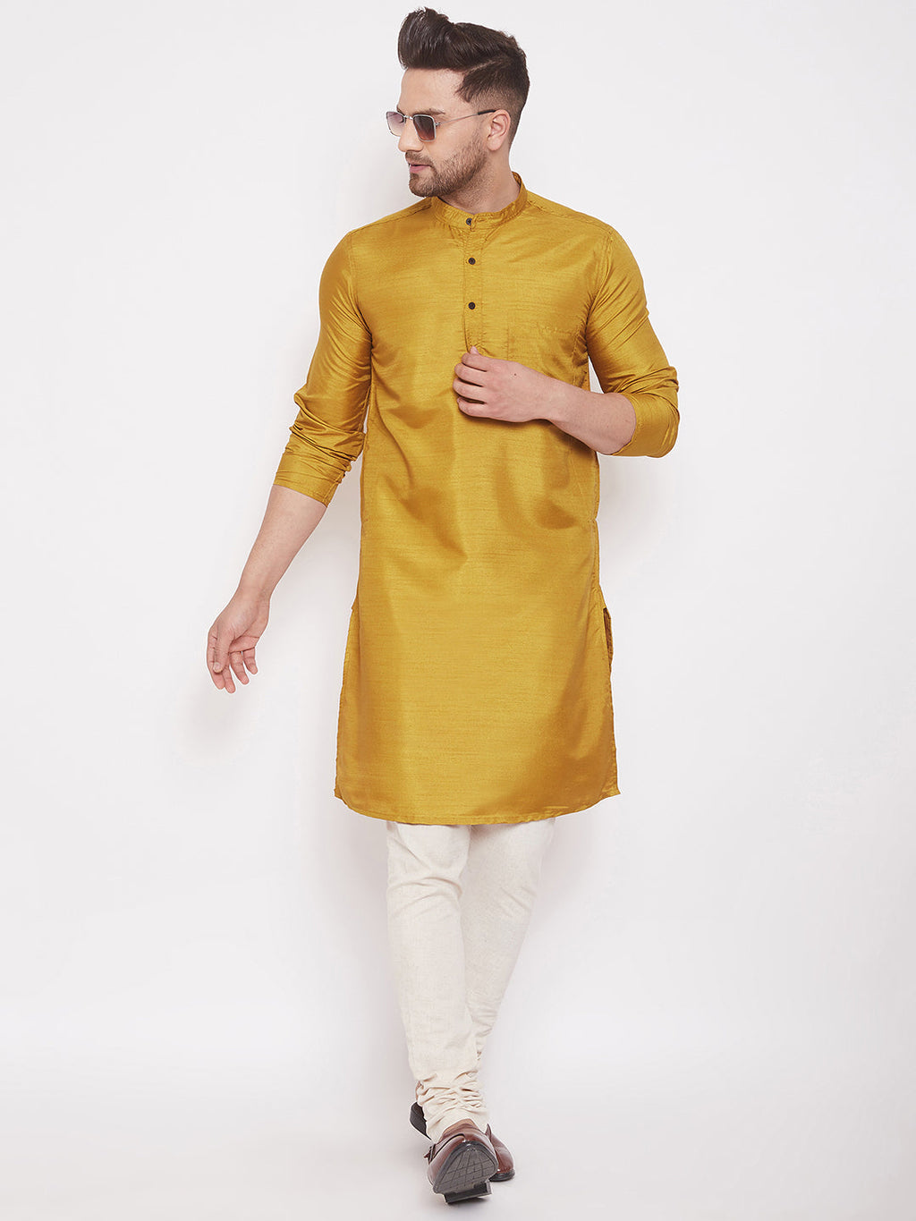 Even Apparels Mustard Yellow Pure Cotton Kurta With Band Collar