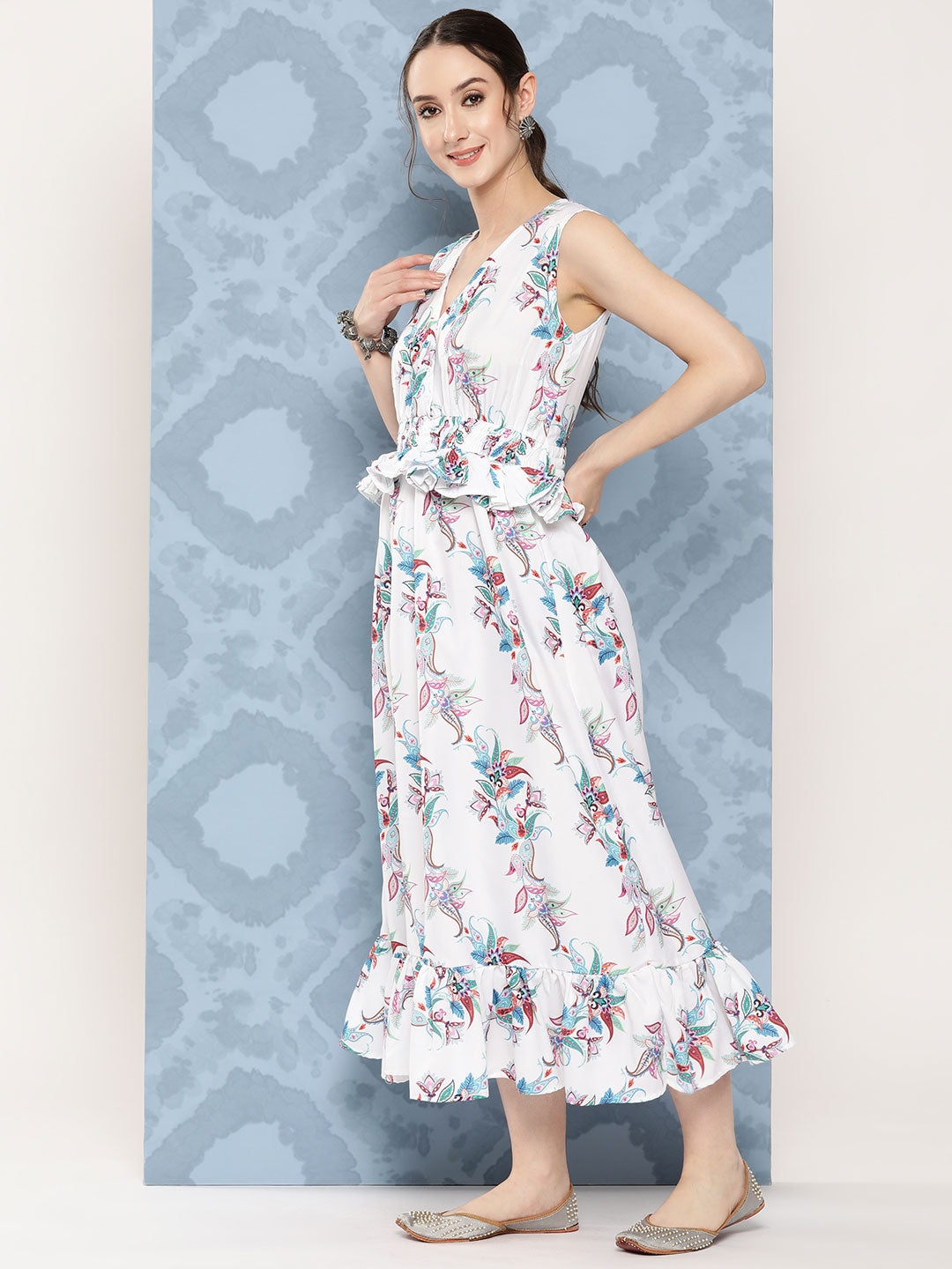 InWeave Women's White Floral Paisley Print Long Frill Dress