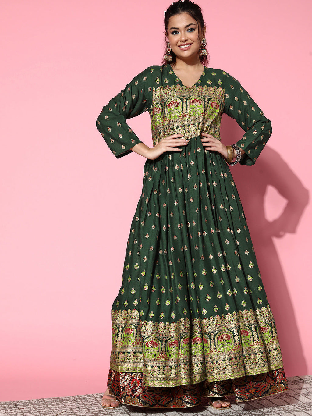 InWeave Women's Bottle Green Gold Border Anarkali Kurta