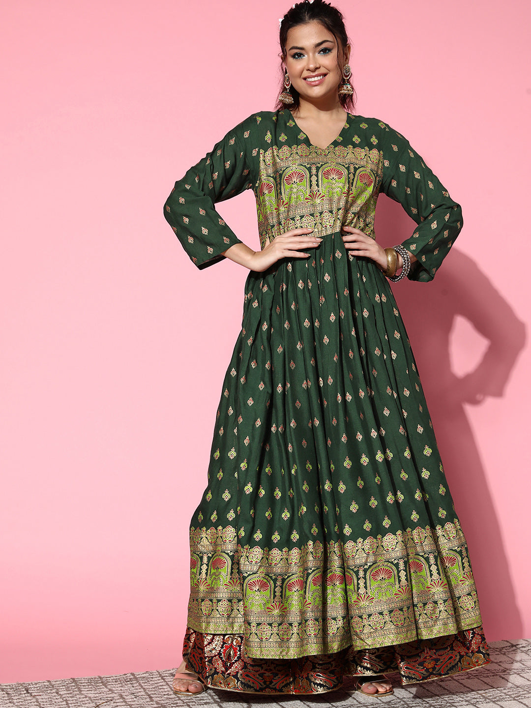 InWeave Women's Bottle Green Gold Border Anarkali Kurta