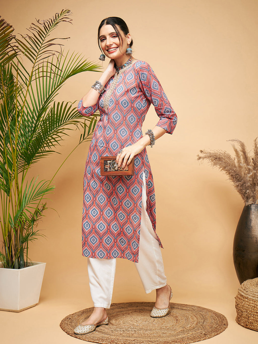 InWeave Women's Red Blue Ogee Print Gota Straight Kurta