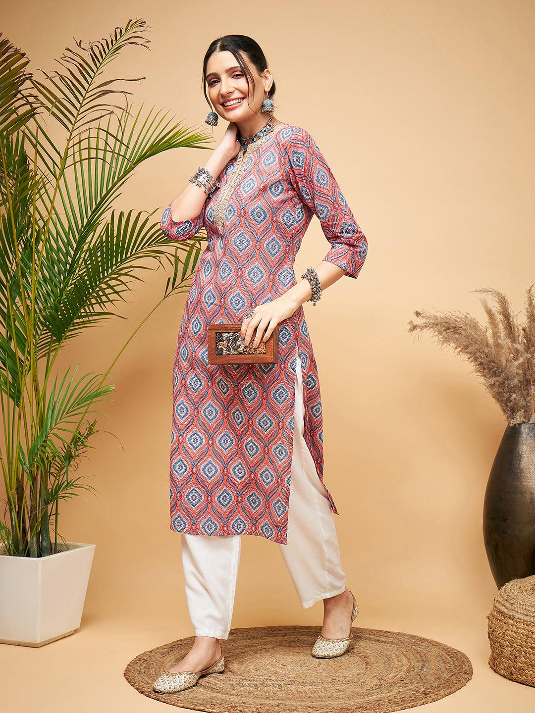 InWeave Women's Red Blue Ogee Print Gota Straight Kurta