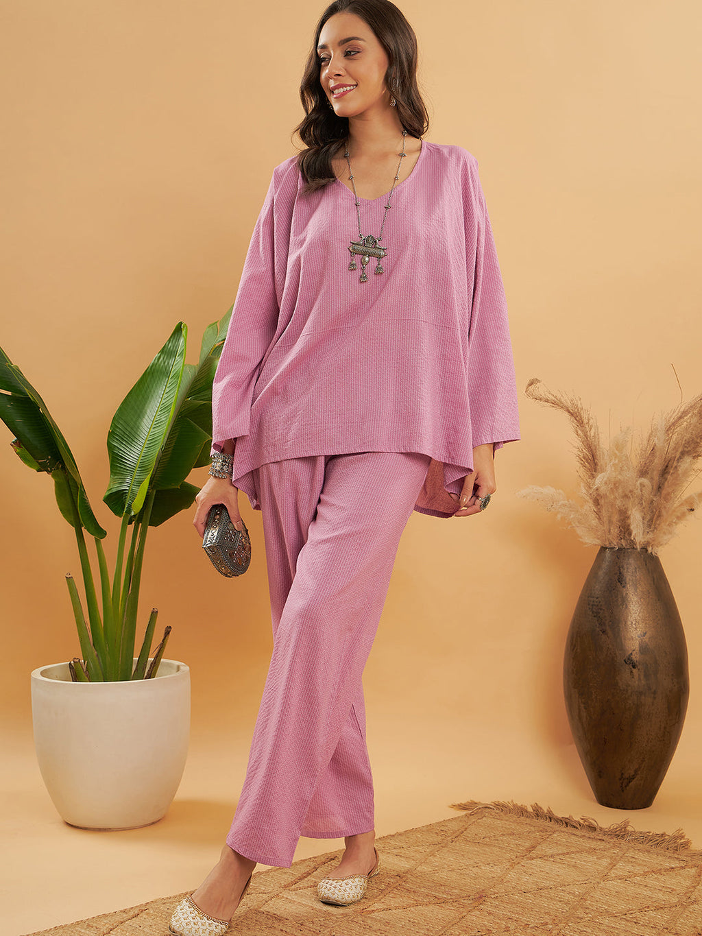 InWeave Women's Mauve Kantha Boho Full Sleeve Coord Set