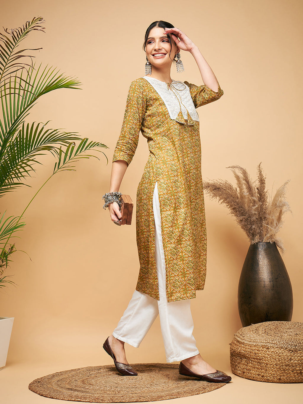 InWeave Women's Olive Ajrakh Print Cotton Patch Work Straight Kurta