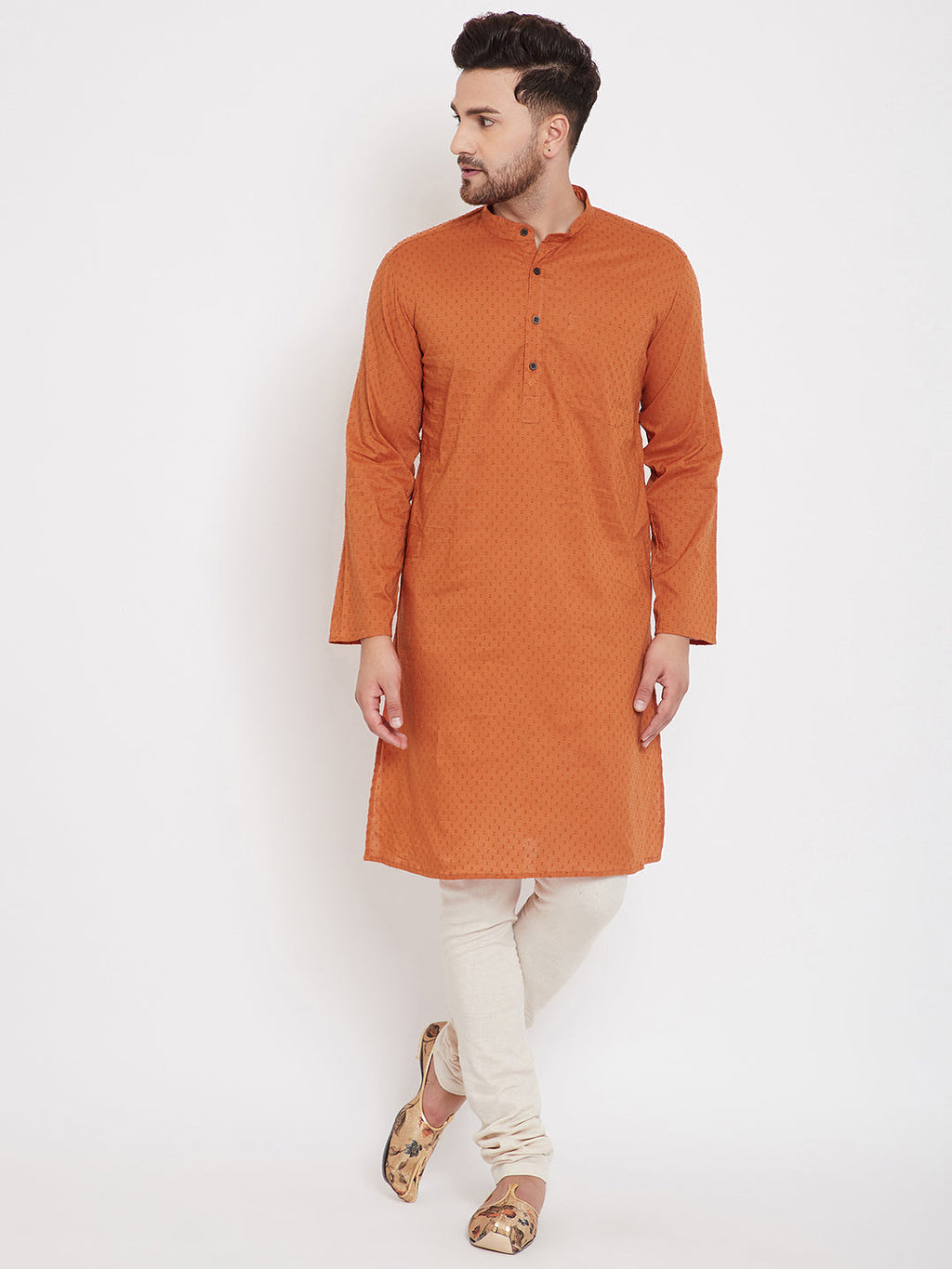 Even Apparels Orange Pure Cotton Kurta With Band Collar