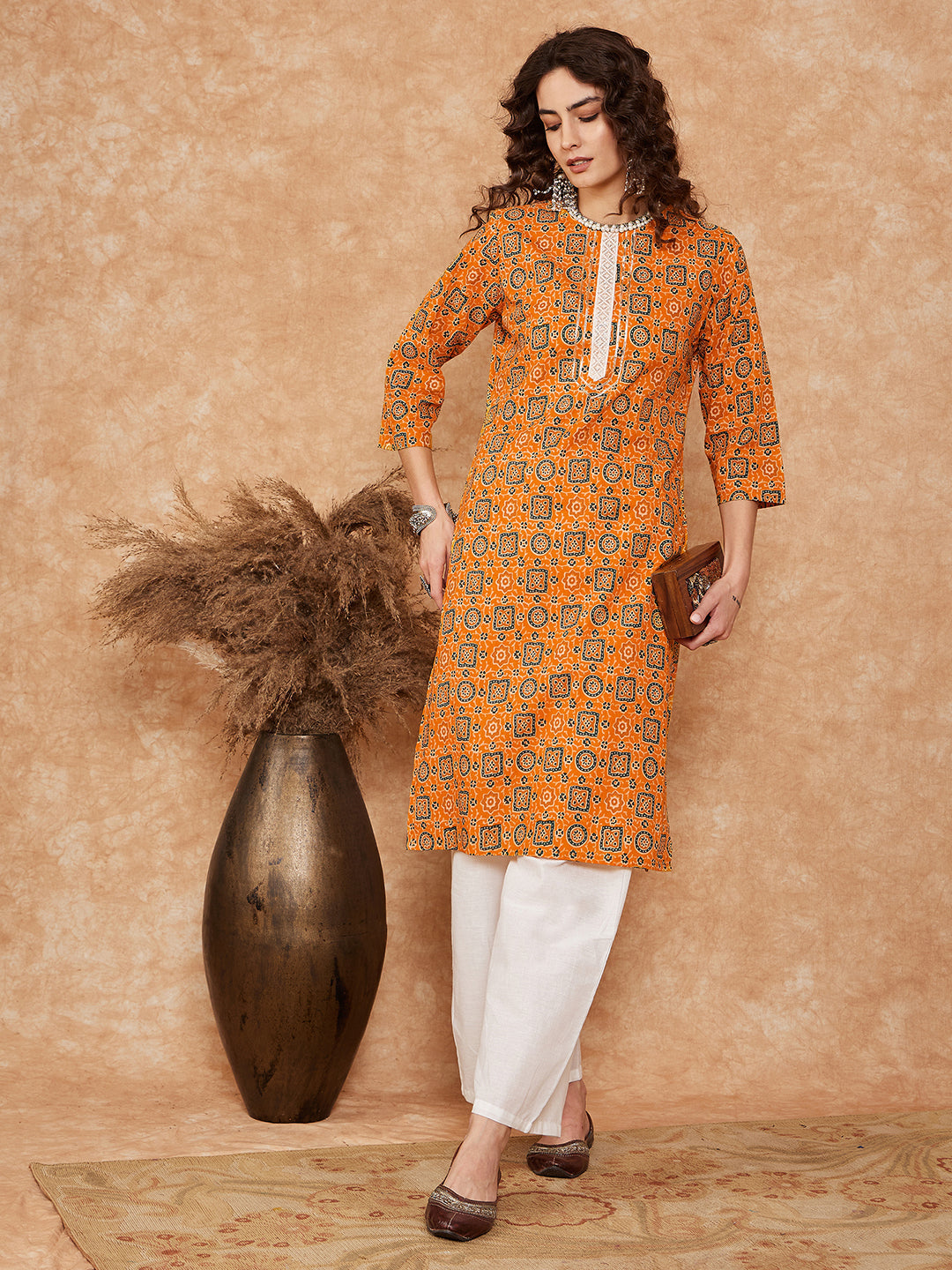 InWeave Women's Mustard Ethnic Print Lace Gota Work Straight Kurta