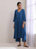trueBrowns Classic Blue Dobby High Slit Gathered Kurta Set