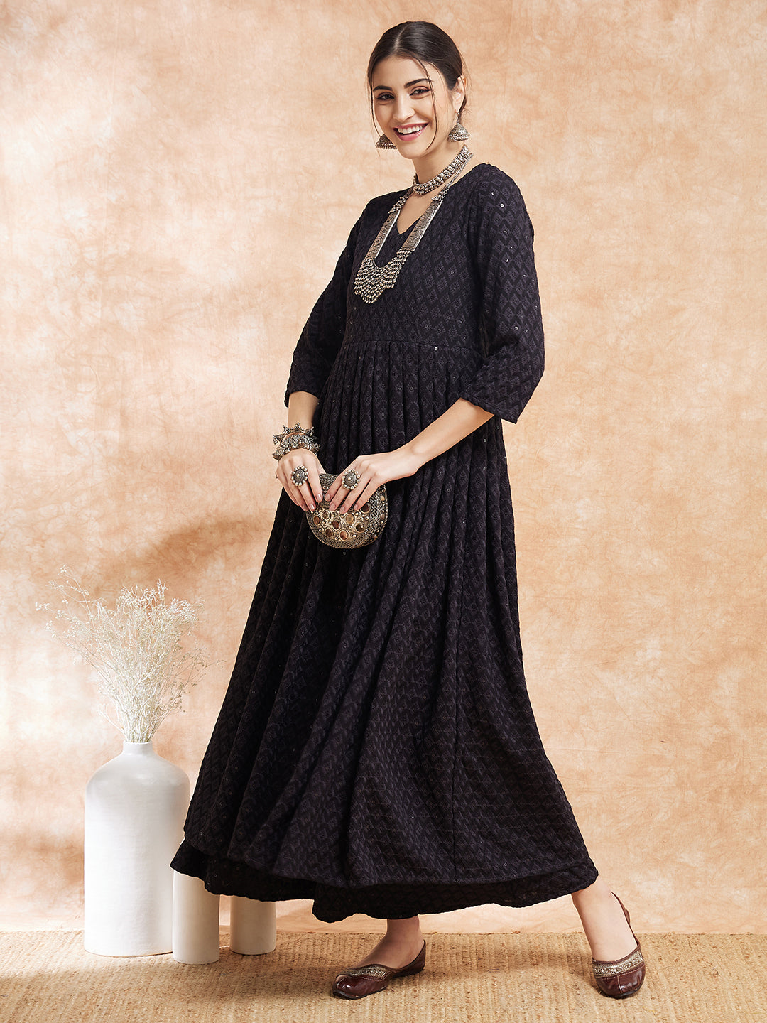 InWeave Women's Black Chikankari Long Anarkali Kurta Sharara Set
