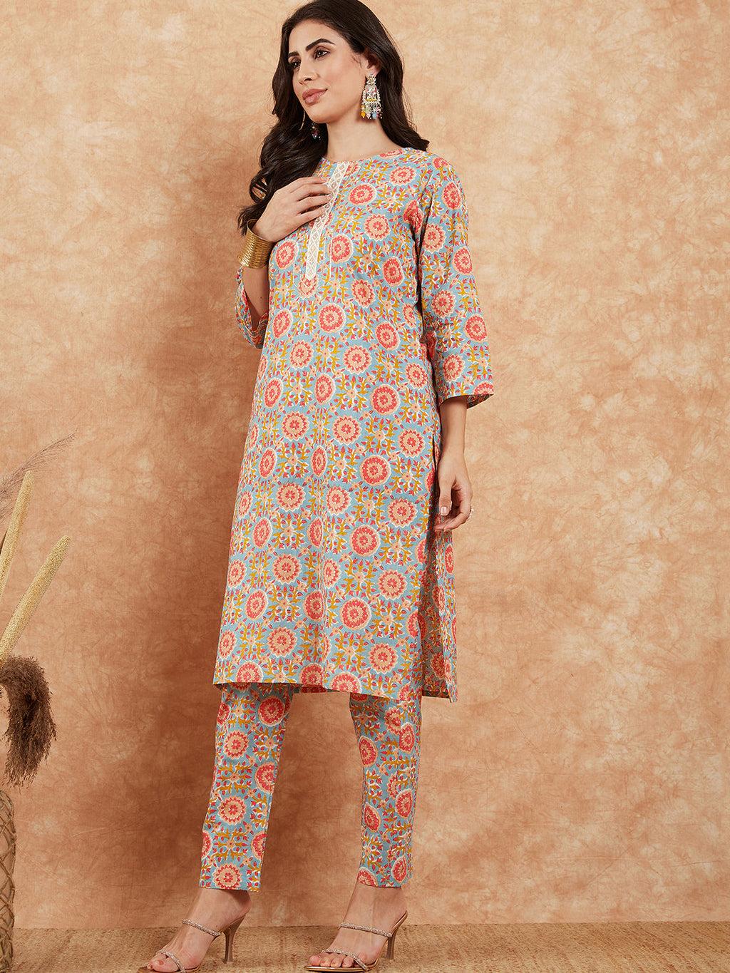 InWeave Women's Light Blue Floral Jaal Gota Work Straight Kurta Pant Set