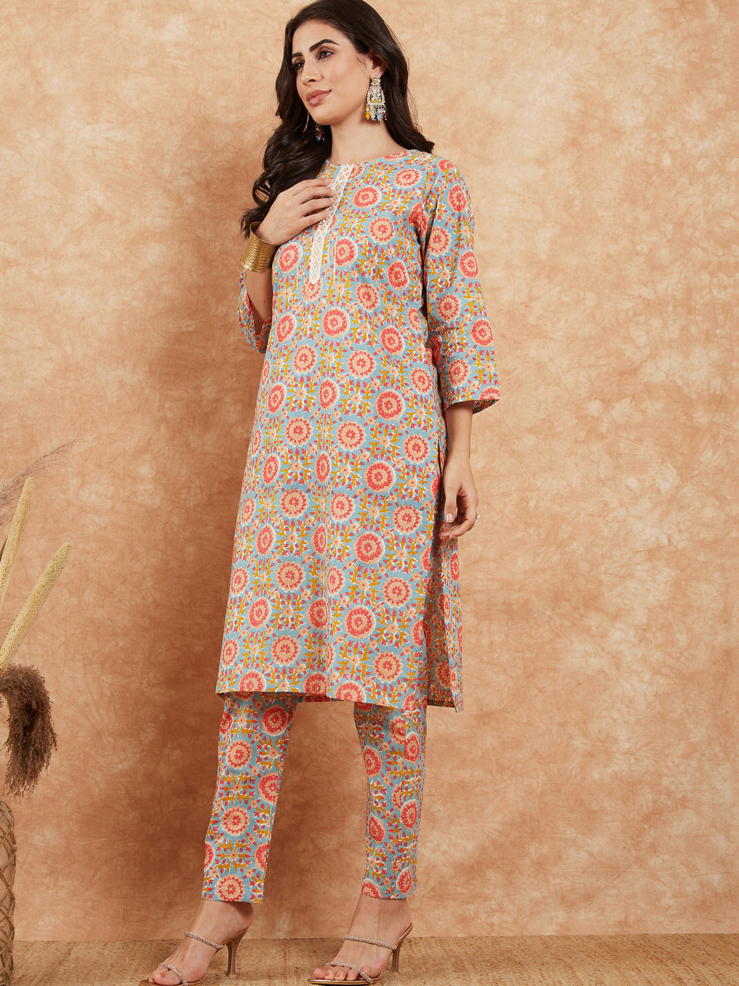 InWeave Women's Light Blue Floral Jaal Gota Work Straight Kurta Pant Set