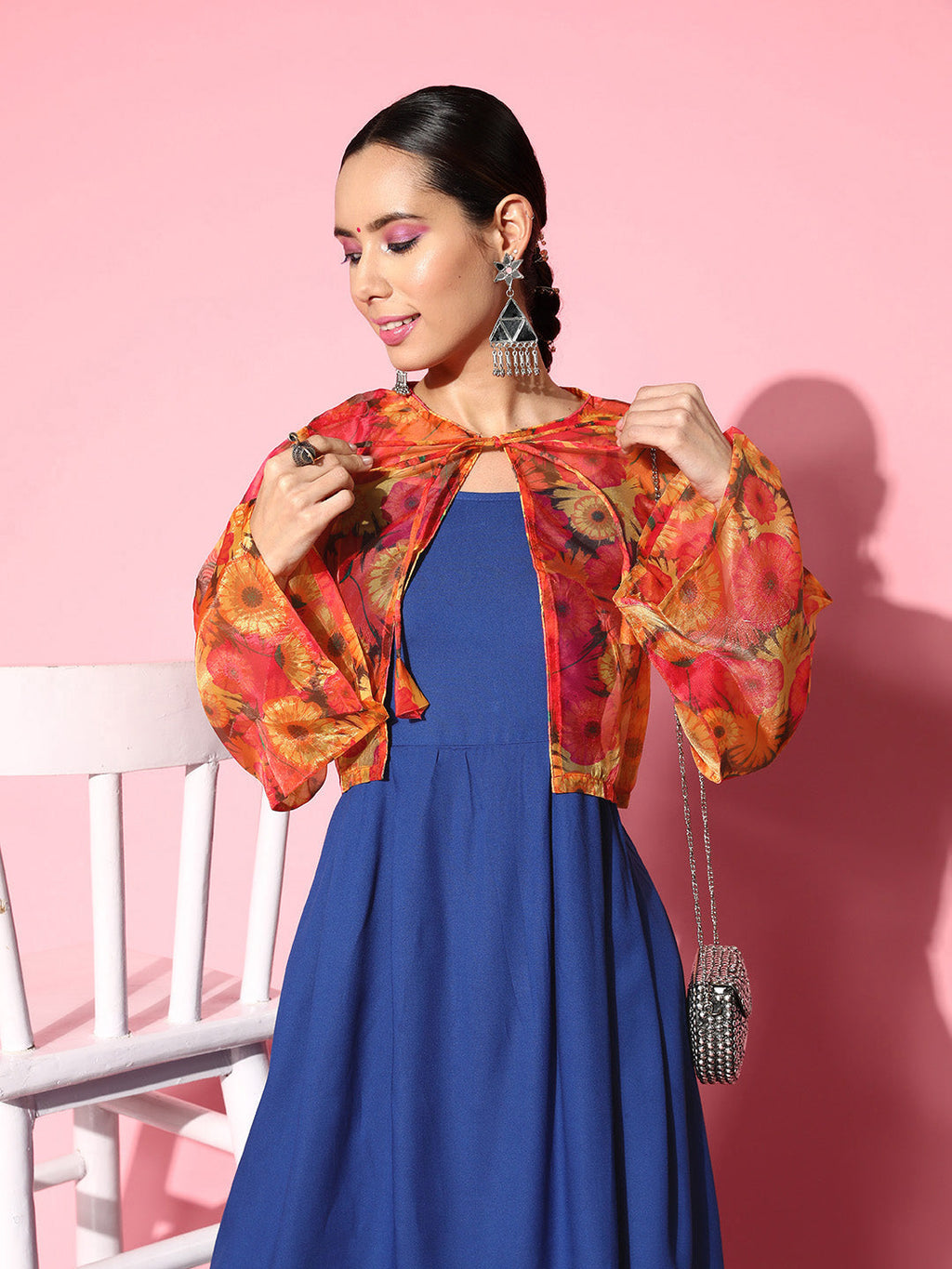 InWeave Women's Ink Blue Strappy Set With Pink Mustard Print Short Organza Cape
