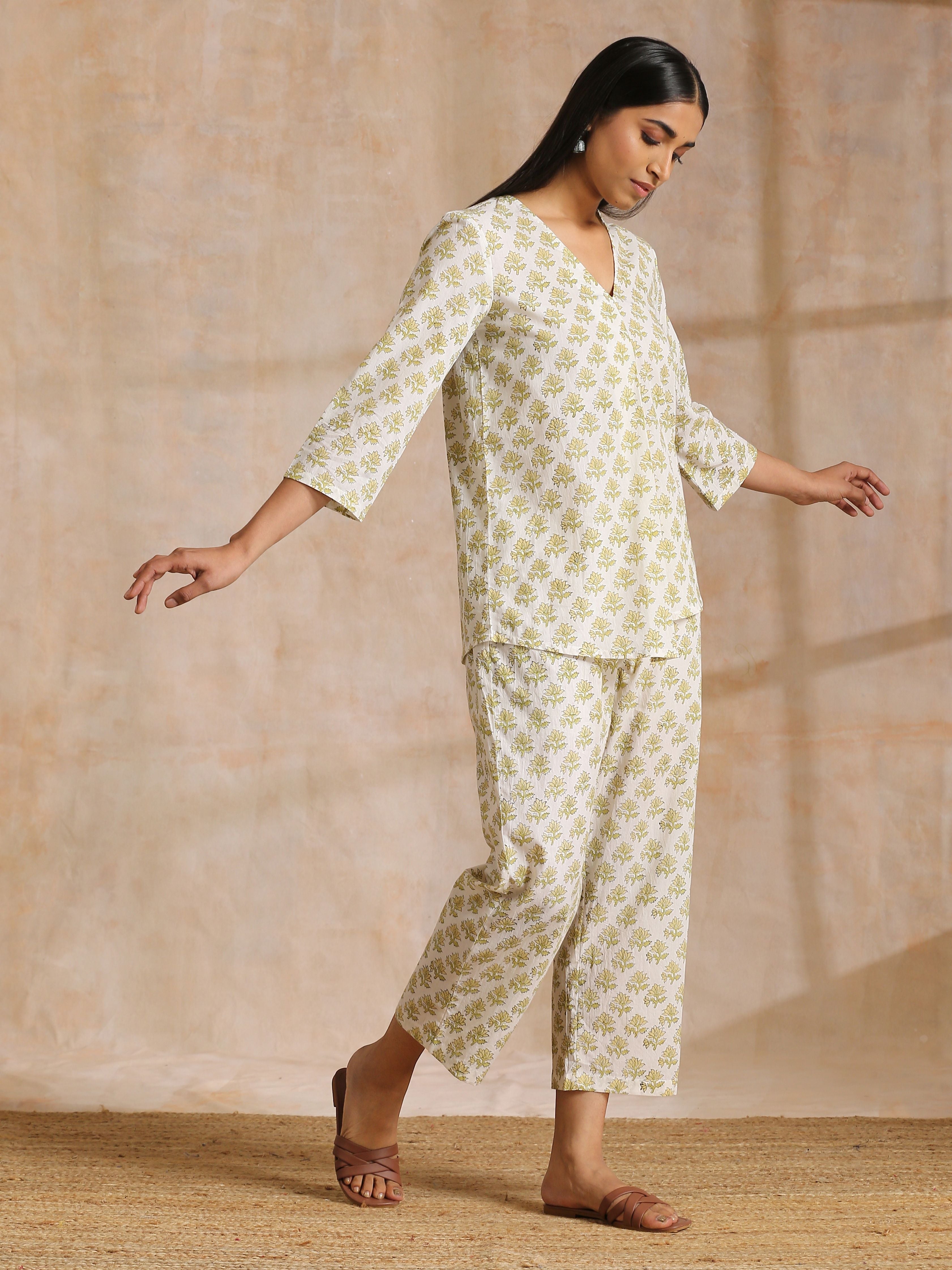 trueBrowns Green Buta On Off-White Block Print Cotton Co-Ord Set