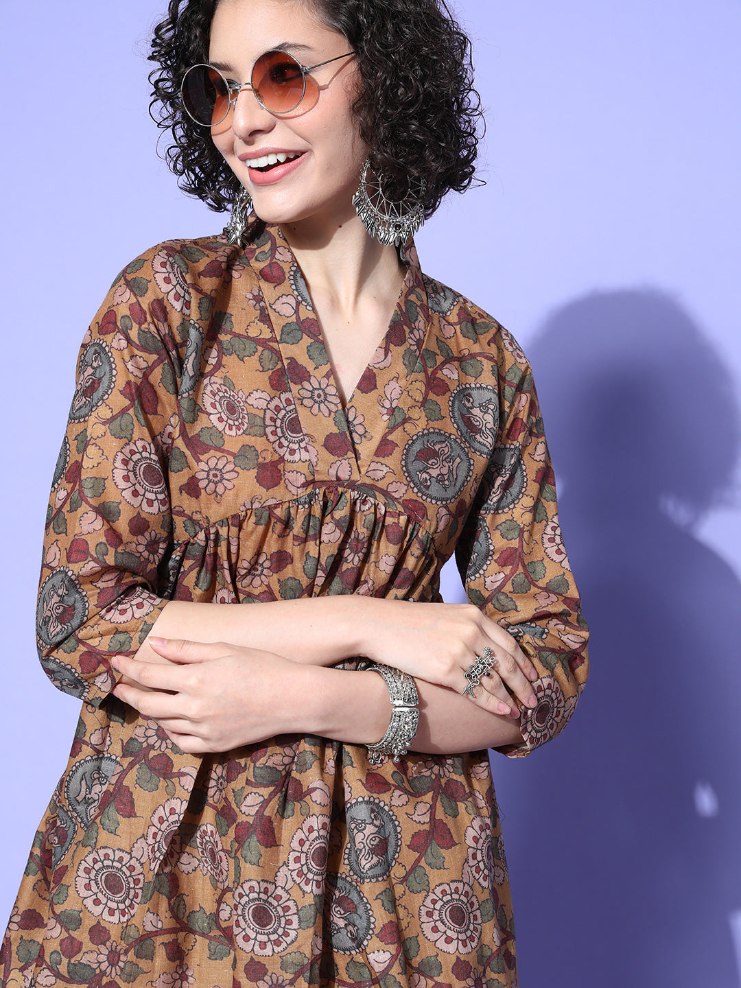 InWeave Women's Ochre Mustard Kalamkari Print Dress
