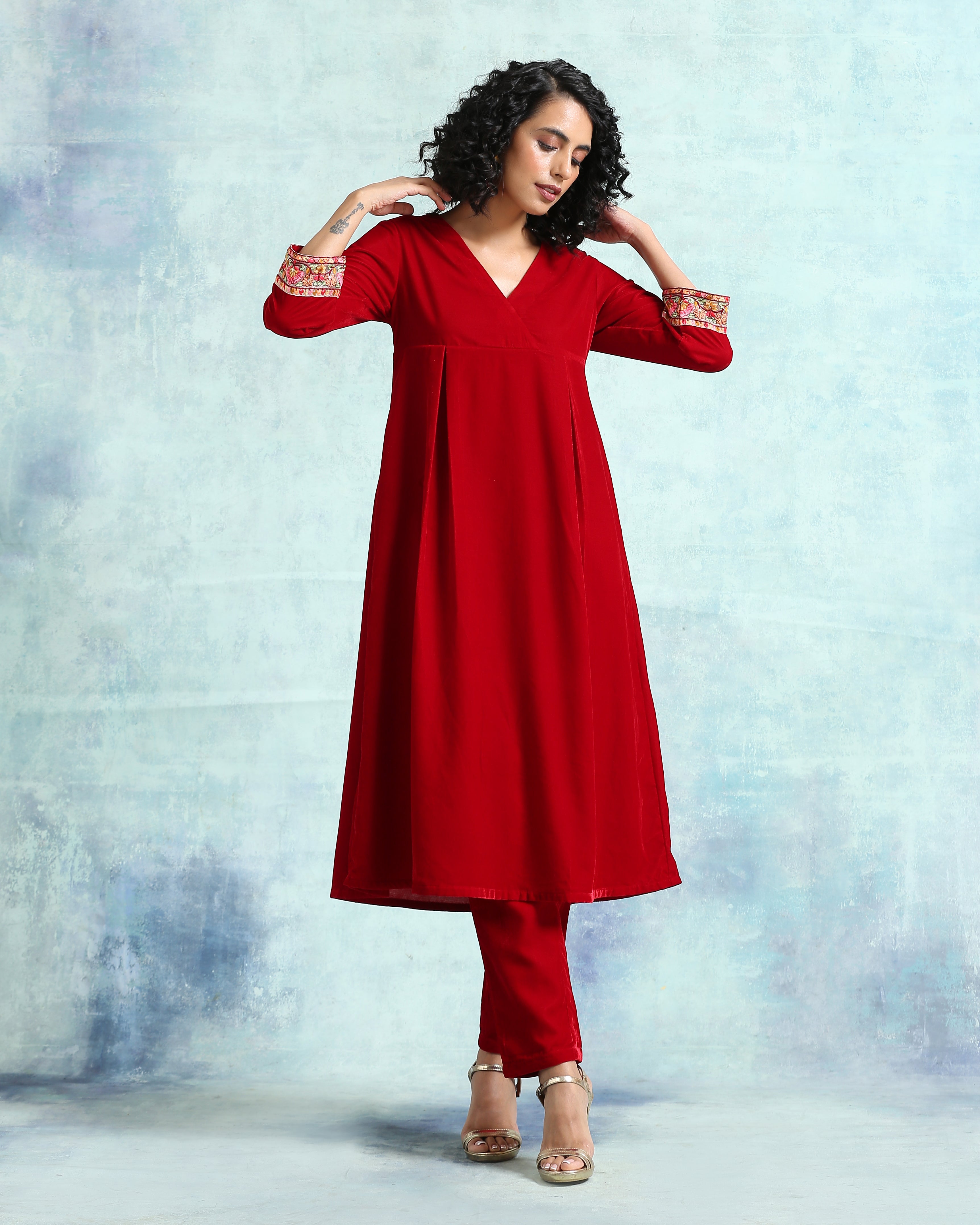 trueBrowns True Red Velvet Yoke Kurta