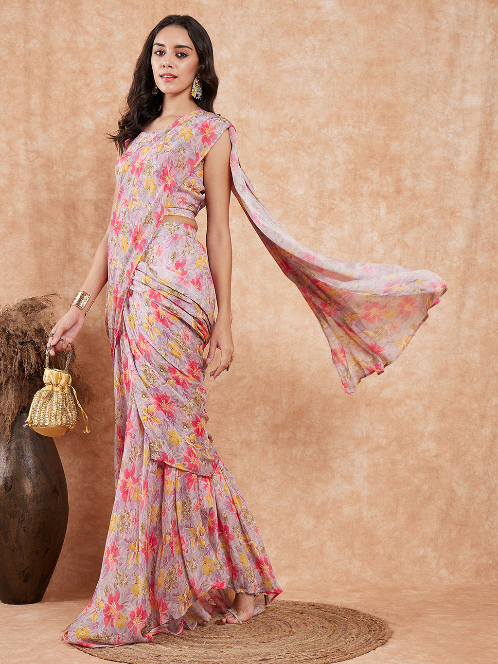 InWeave Women's Pastel Mauve Hibiscus Floral Skirt Saree