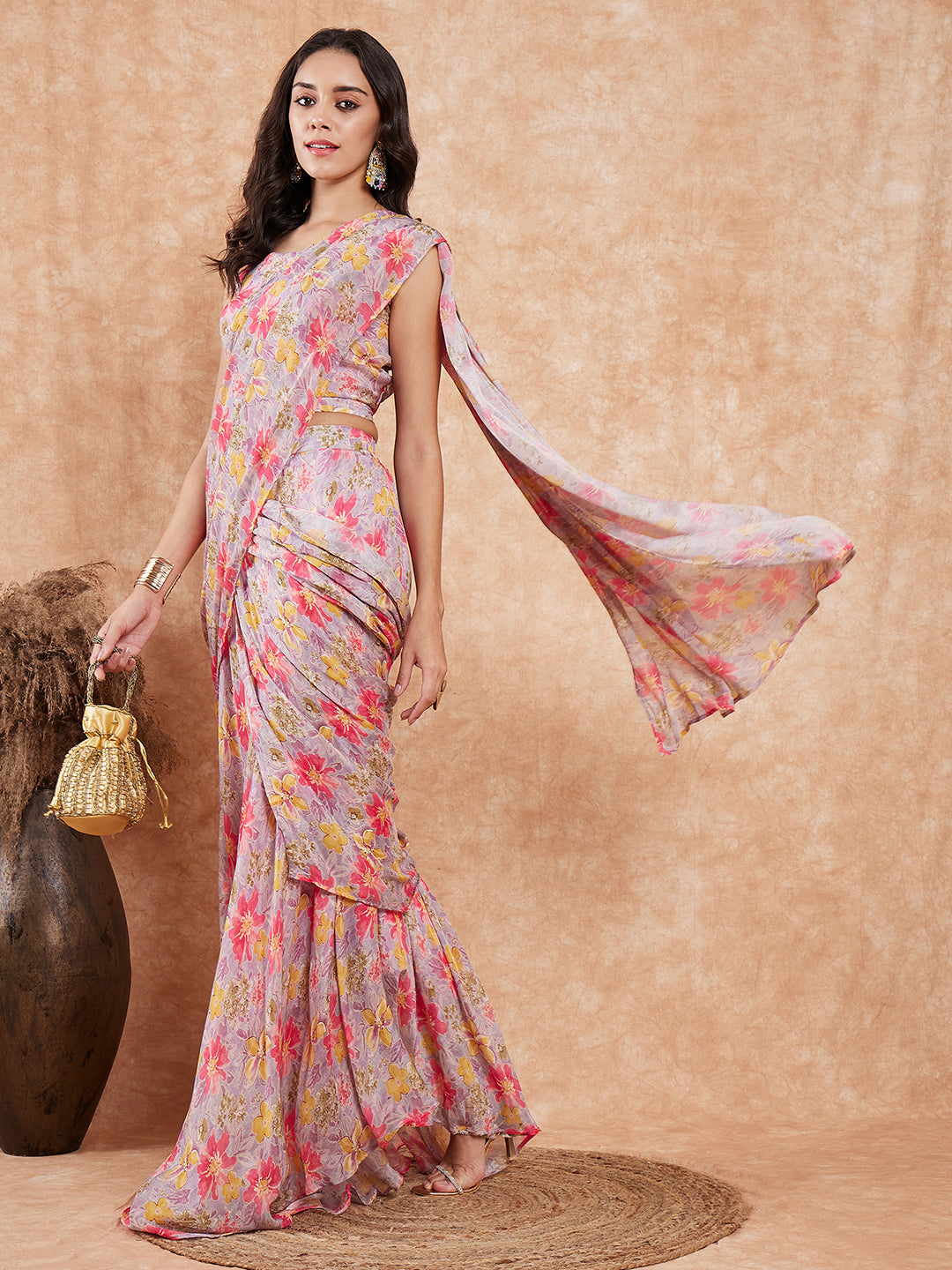 InWeave Women's Pastel Mauve Hibiscus Floral Skirt Saree