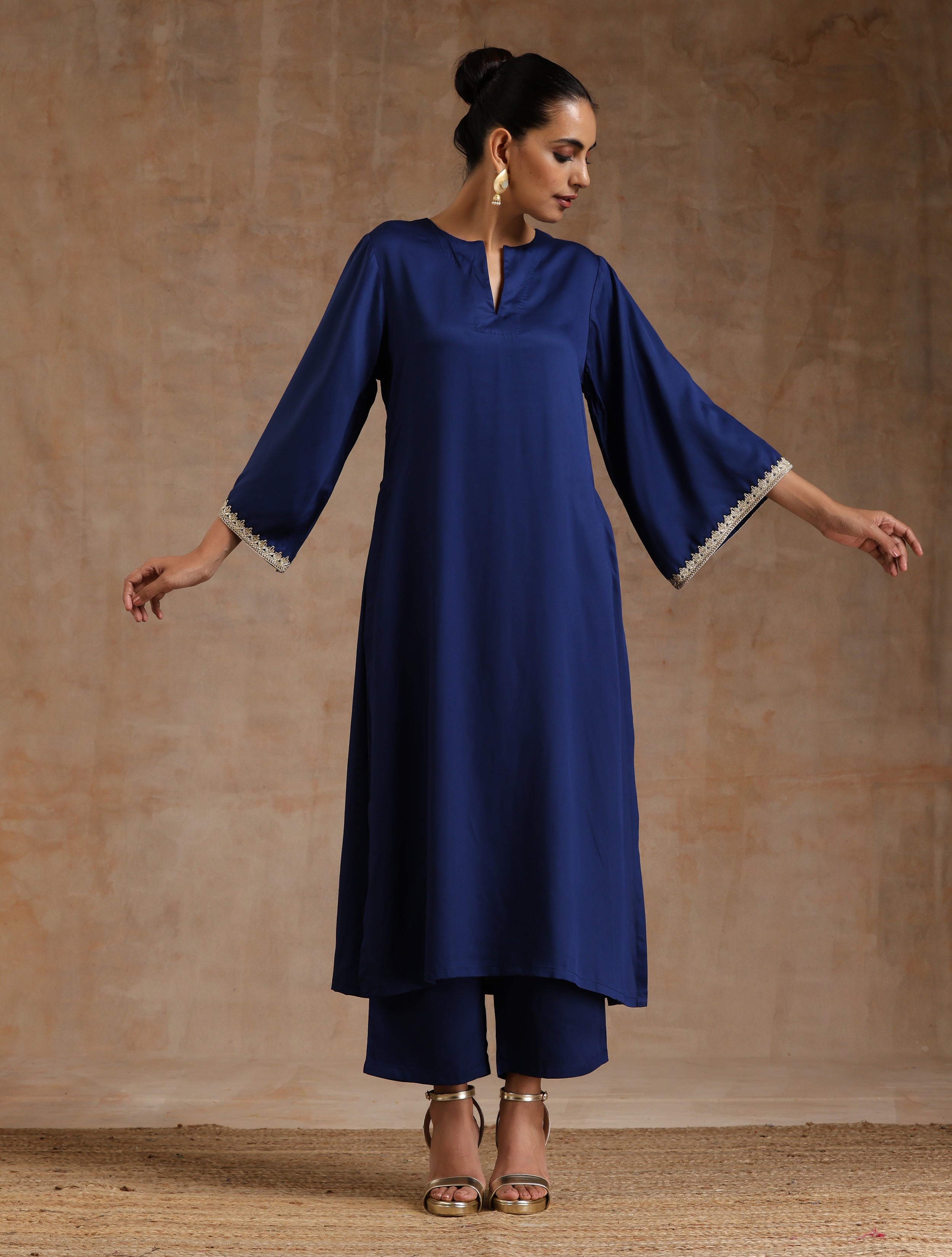 trueBrowns Midnight Blue Modal Satin Relax Kurta Set