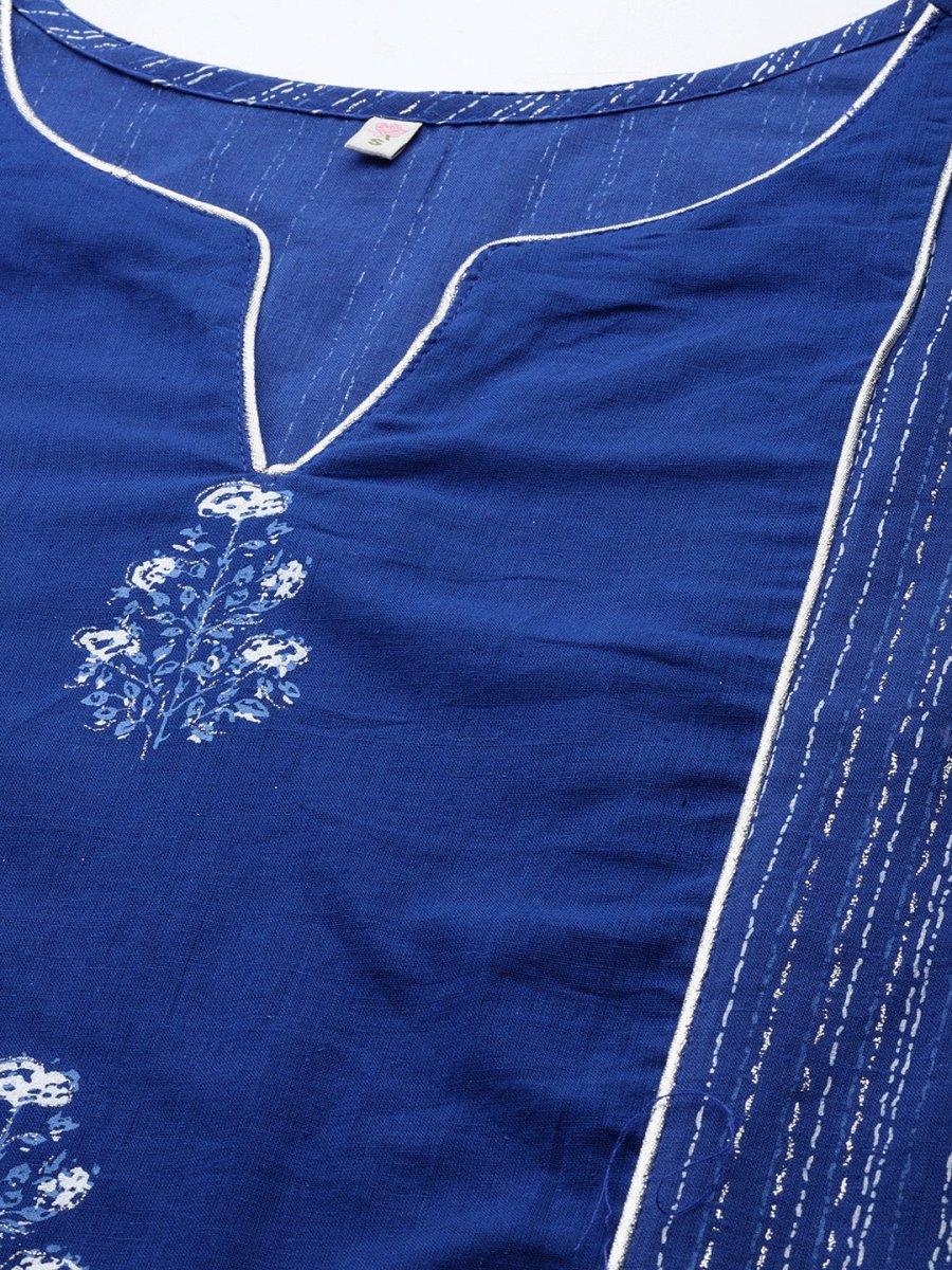 Ahalyaa Women Blue Floral Printed Pure Cotton Kurta with Trousers