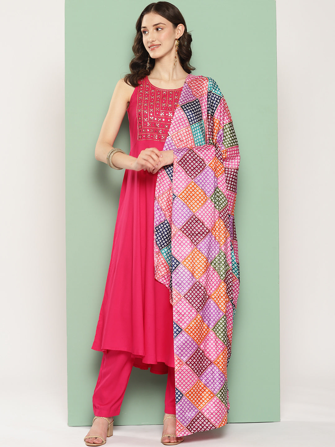 InWeave Women's Fuchsia Mirror Work Strappy Set W Square Bandhani Print Silk Dup