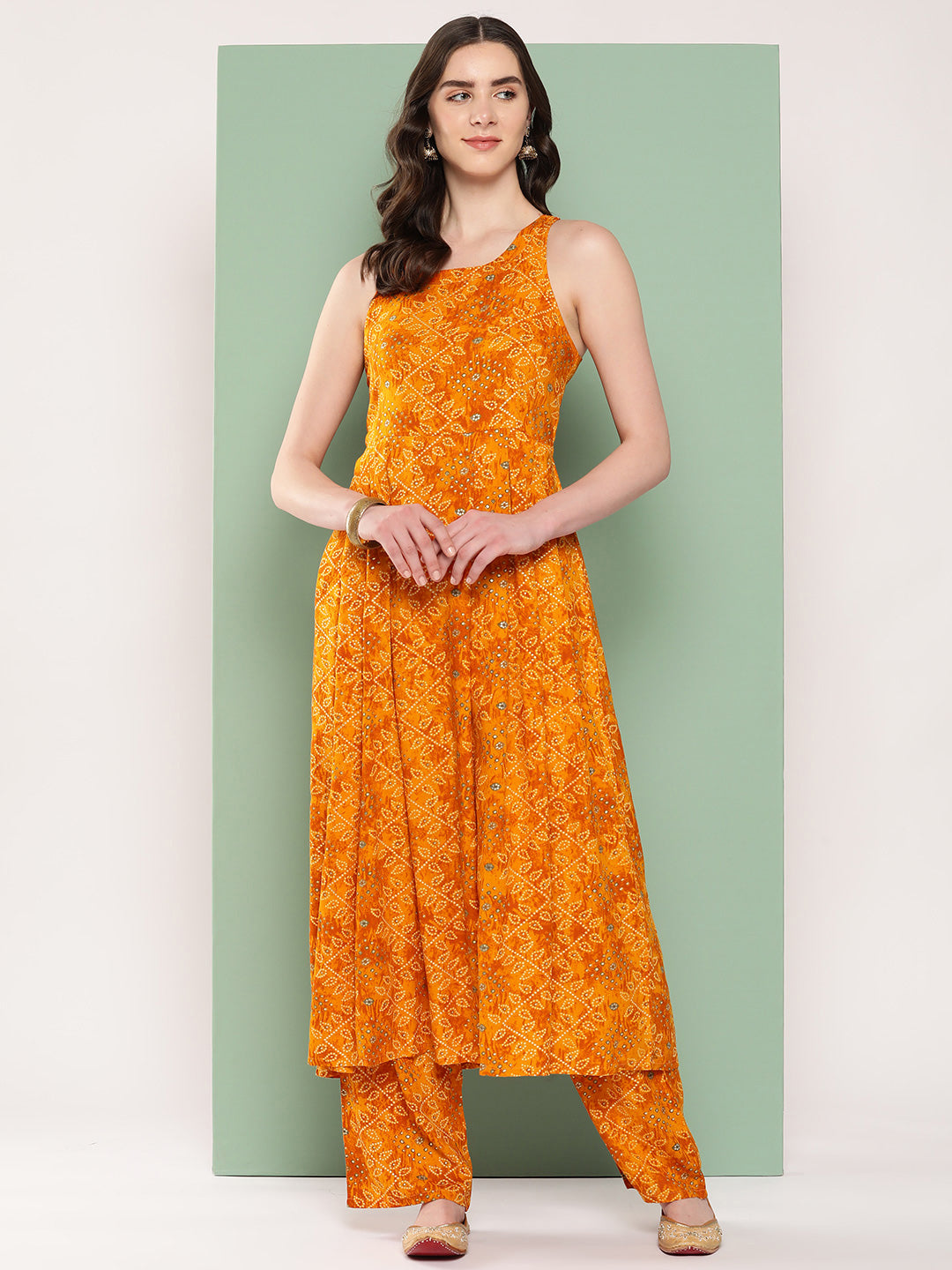 InWeave Women's Muatsrd Bandhej Print Raisa Back Detial Long Coords Set