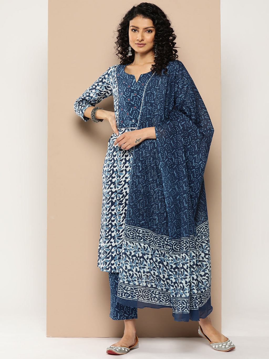 KSUT (House of Varanga) Blue And White Cotton Printed Yoke Design Kurta Paired With Printed Dupatta And Trouser