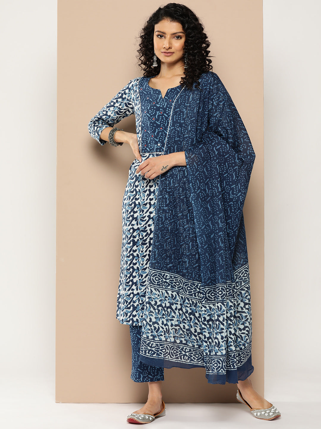 KSUT (House of Varanga) Blue And White Cotton Printed Yoke Design Kurta Paired With Printed Dupatta And Trouser