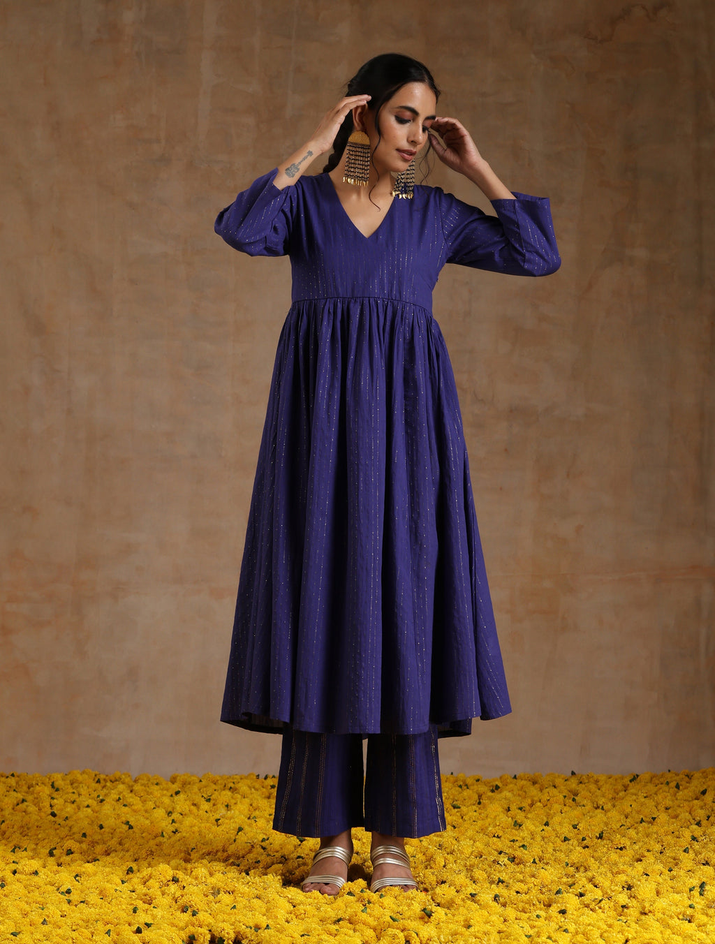trueBrowns Spectrum Blue Gold Cotton Kalidar Kurta Set