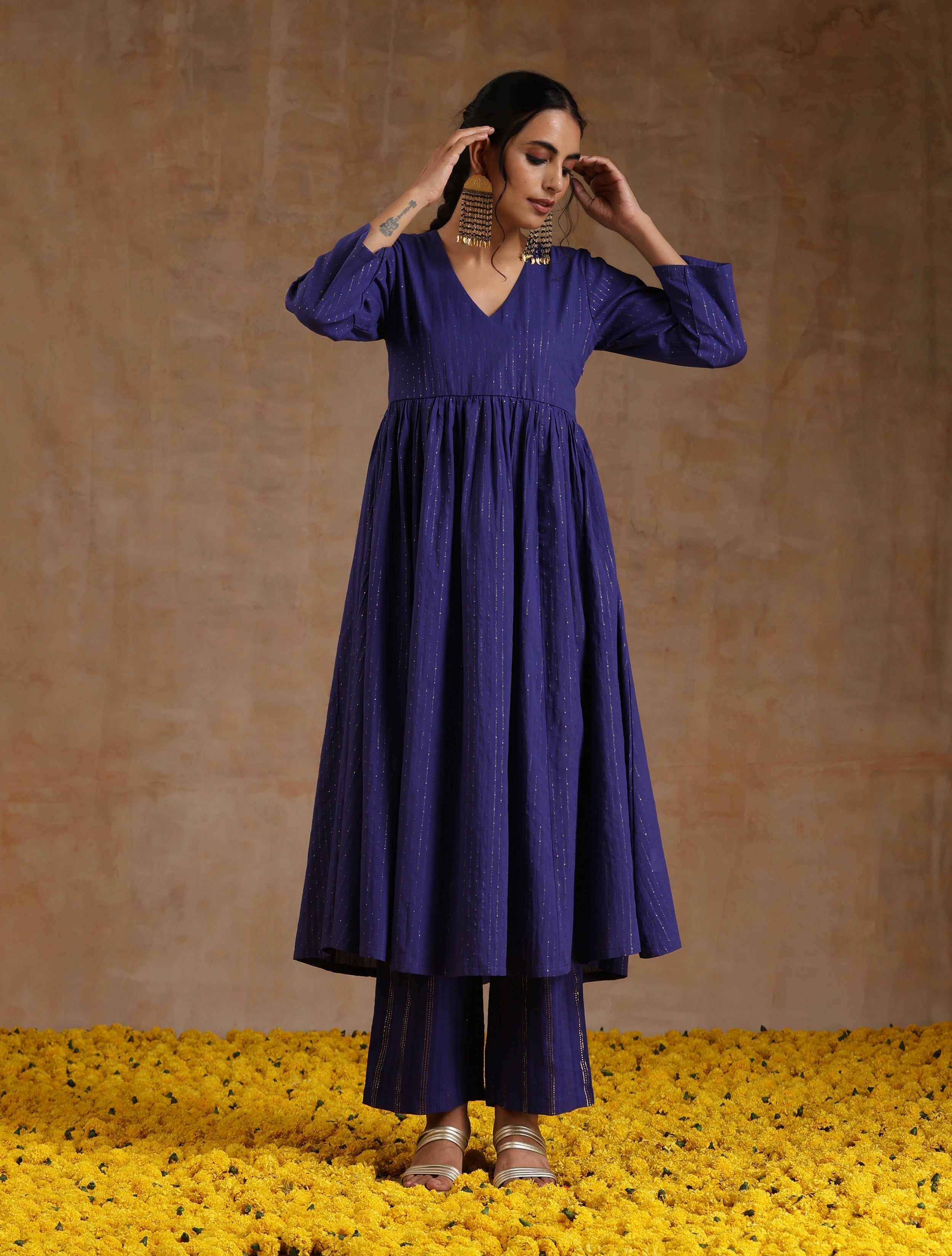 trueBrowns Spectrum Blue Gold Cotton Kalidar Kurta Set