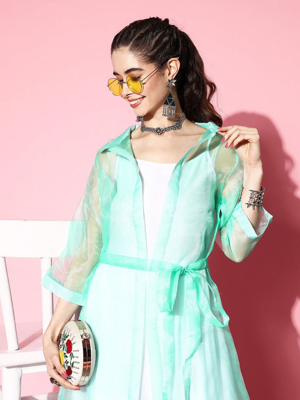 InWeave Women's Cream Strappy Kurta Set With Teal Organza Cape
