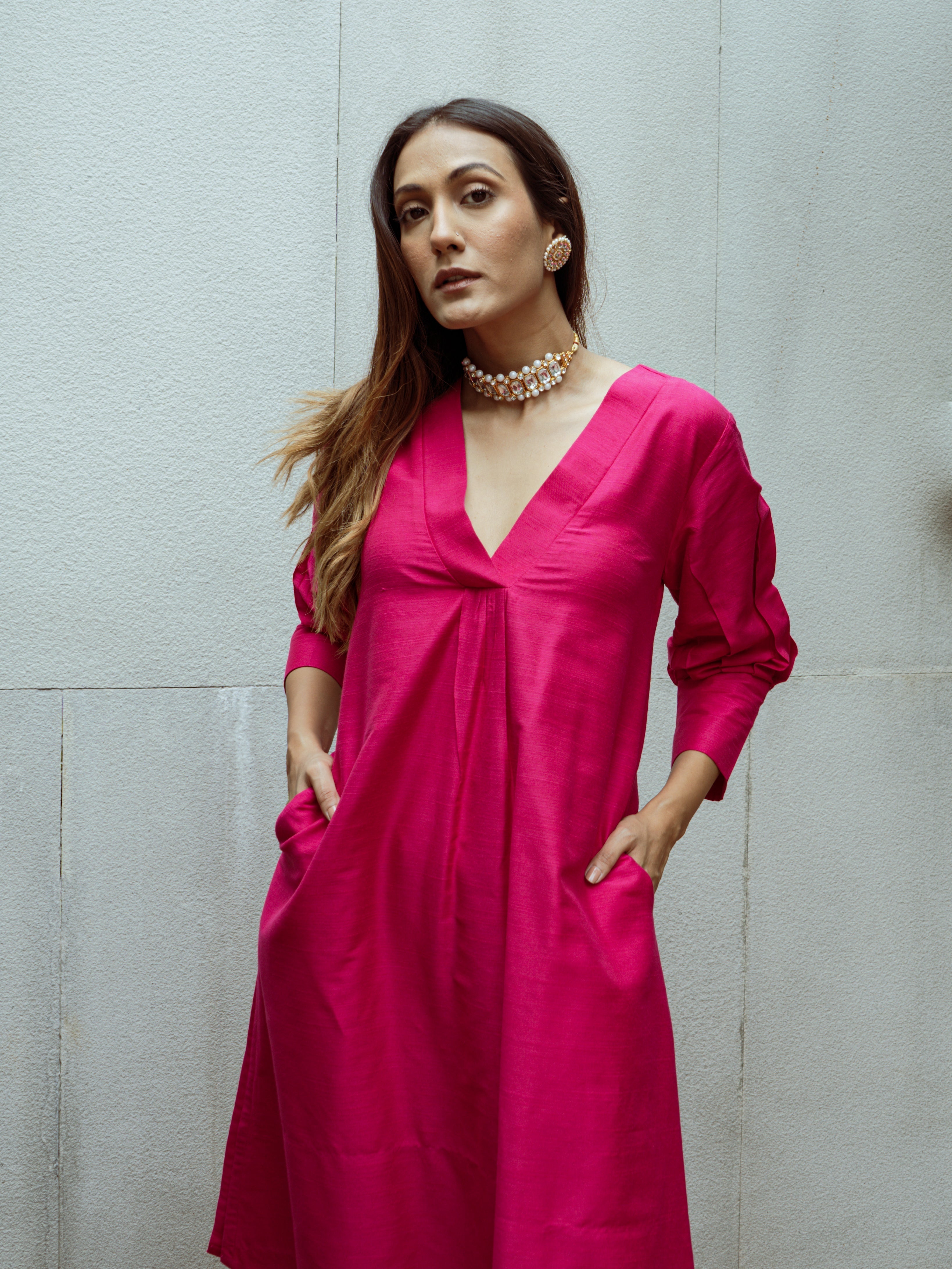 trueBrowns Pink Dupion Silk Puff Sleeve Kurta Pant Set