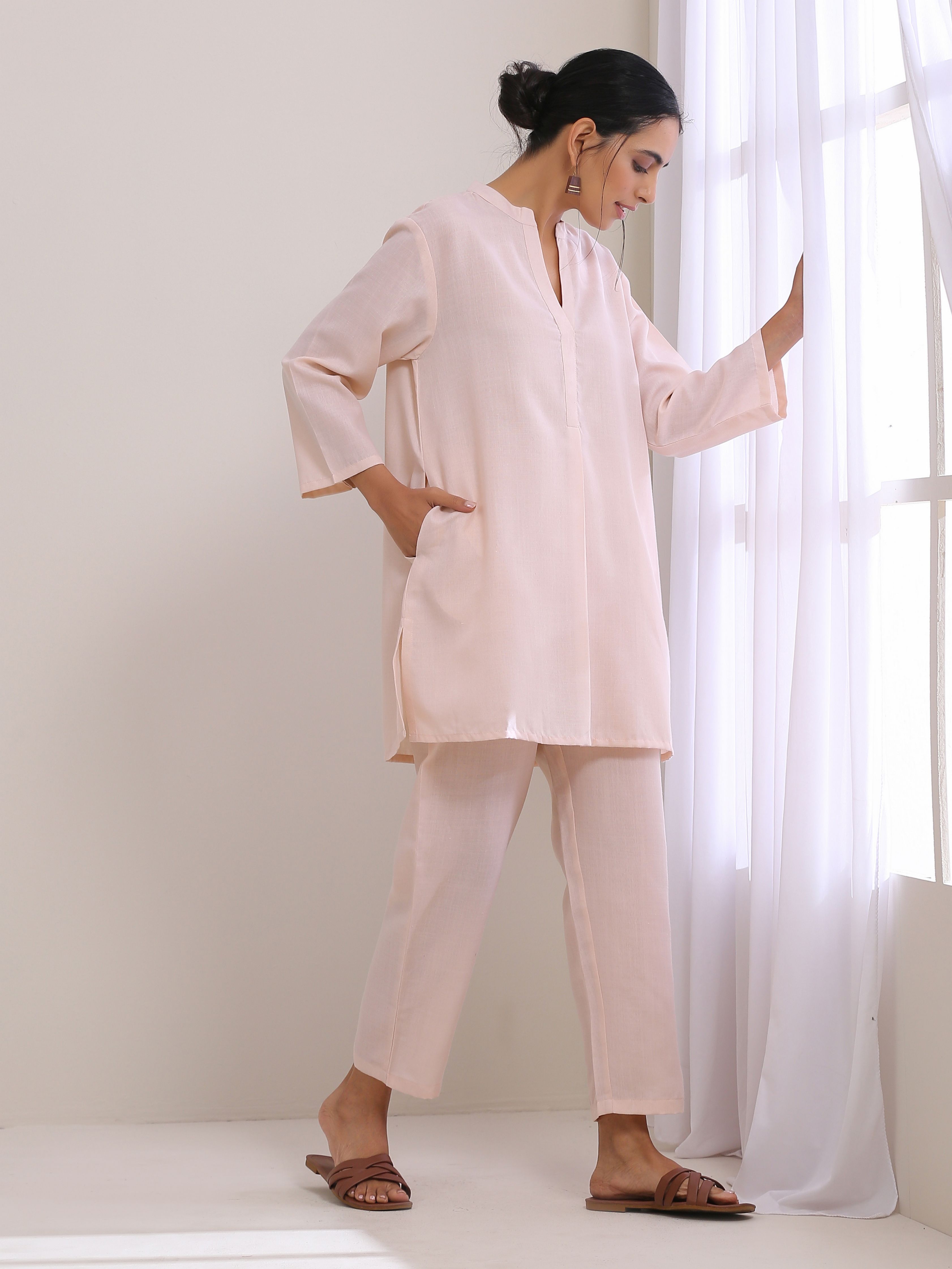 trueBrowns Pink Slub Relaxed Fit Co-Ord Set