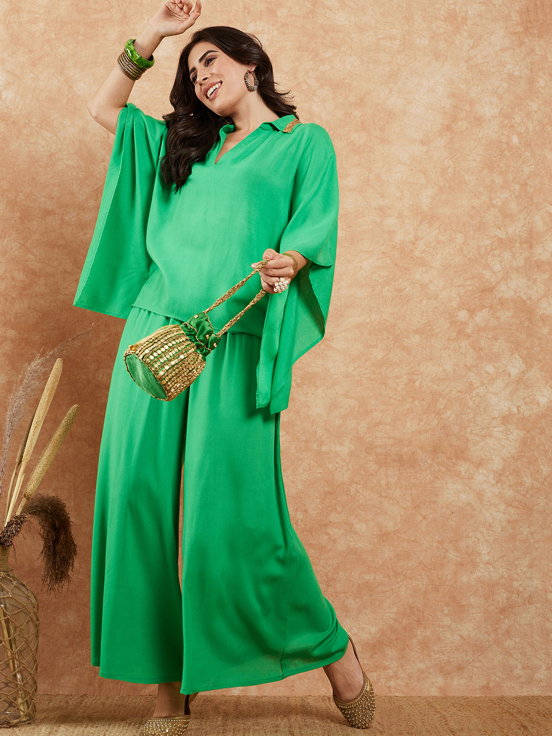 InWeave Women's Parrot Green Solid Collar Neck Boho Top Bottom Set