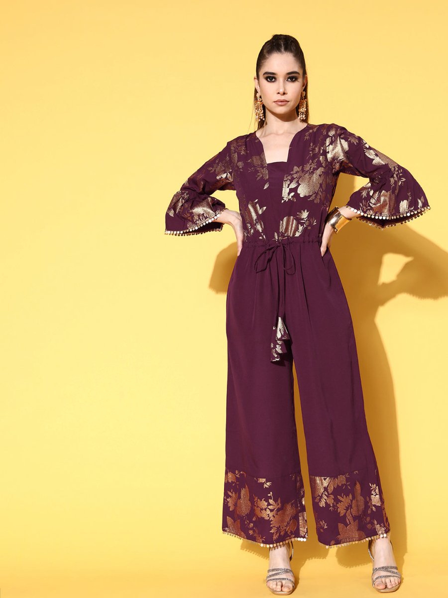 Ahalyaa Burgundy & Gold-Toned Bell Sleeves Printed Ethnic Jumpsuit With Waist Tie-Ups
