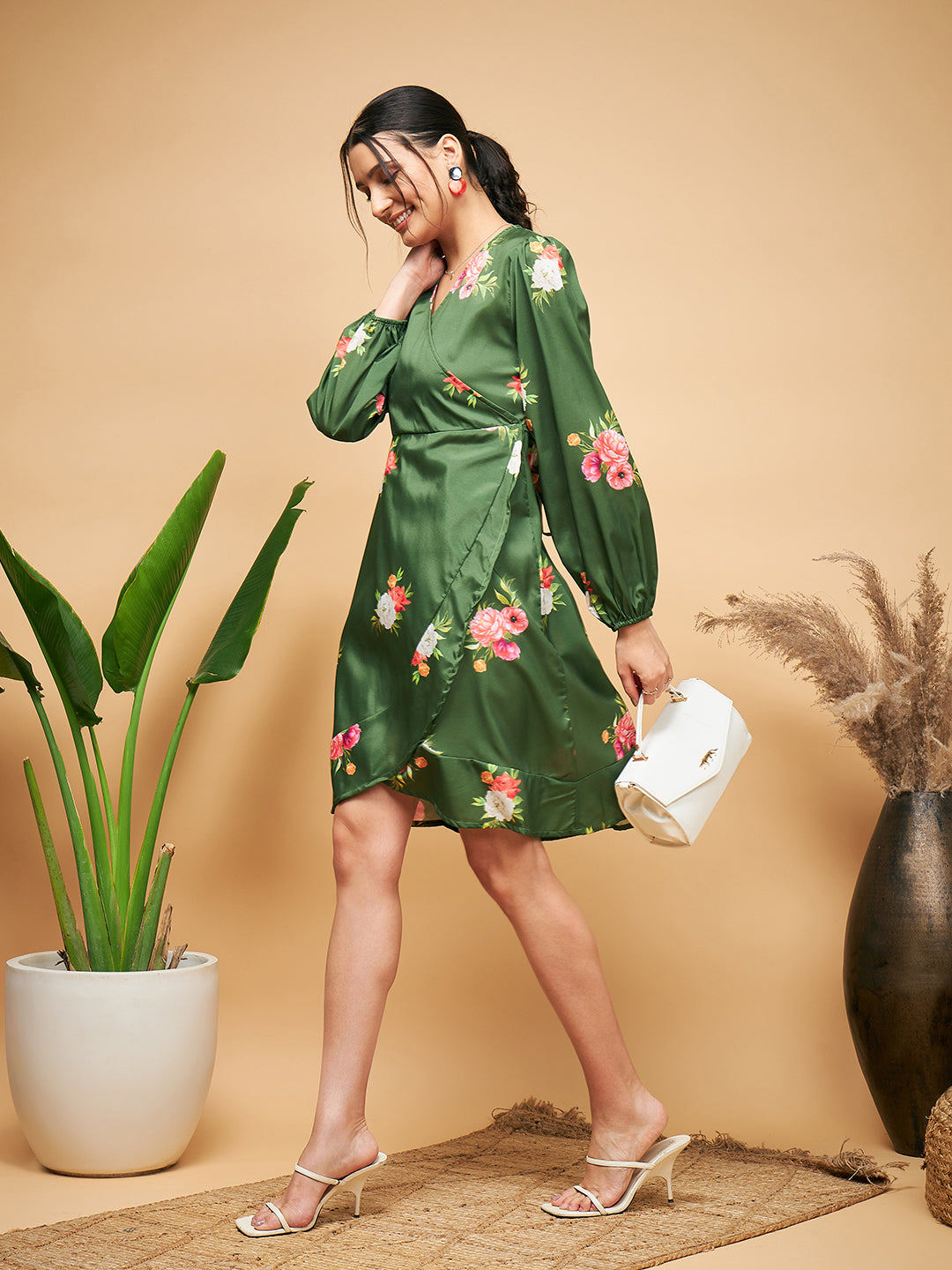 InWeave Women's Green Small Flower Belted Dress