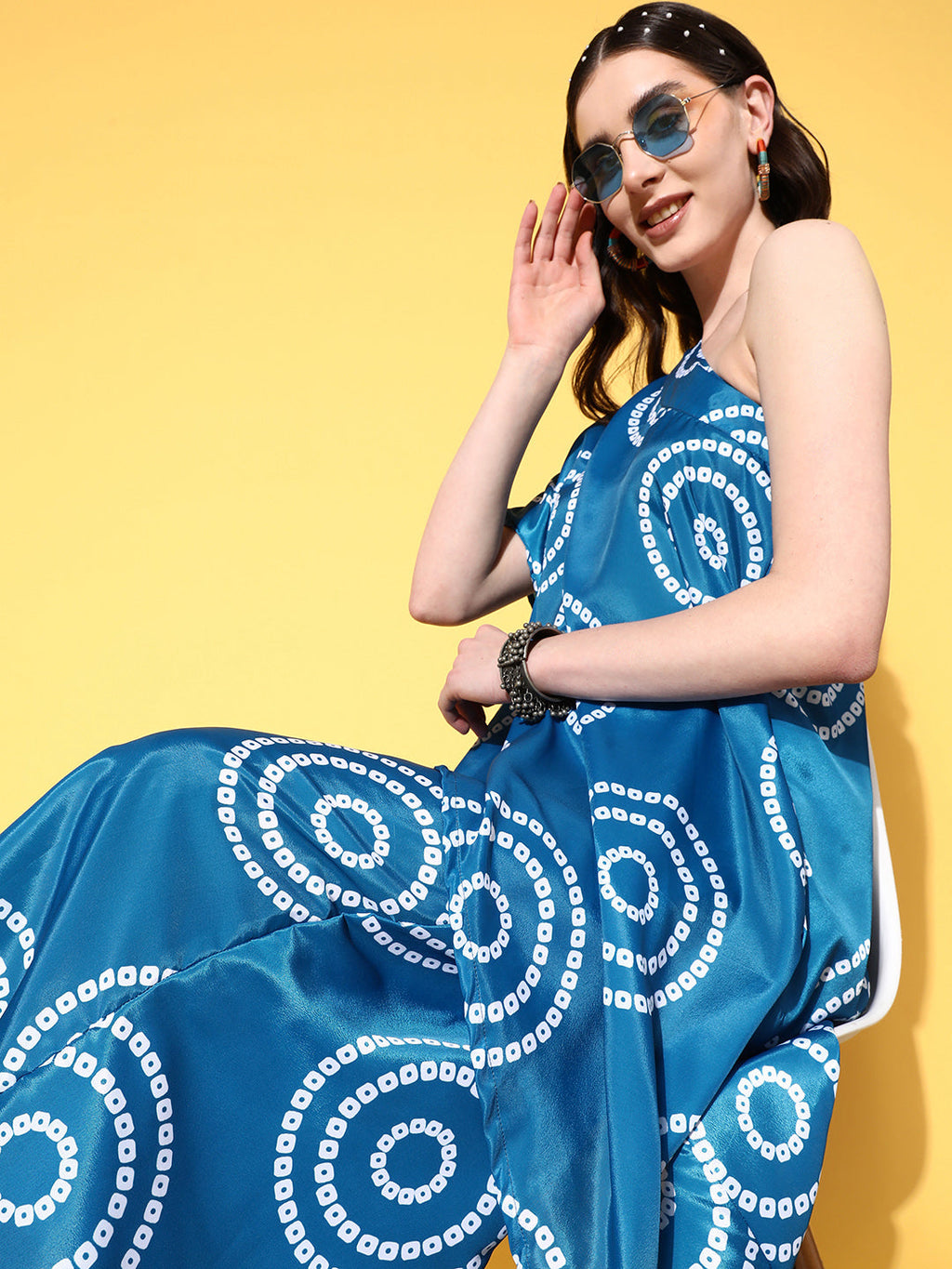 InWeave Women's Blue Bandhani Motif One Shoulder Palazzo Set