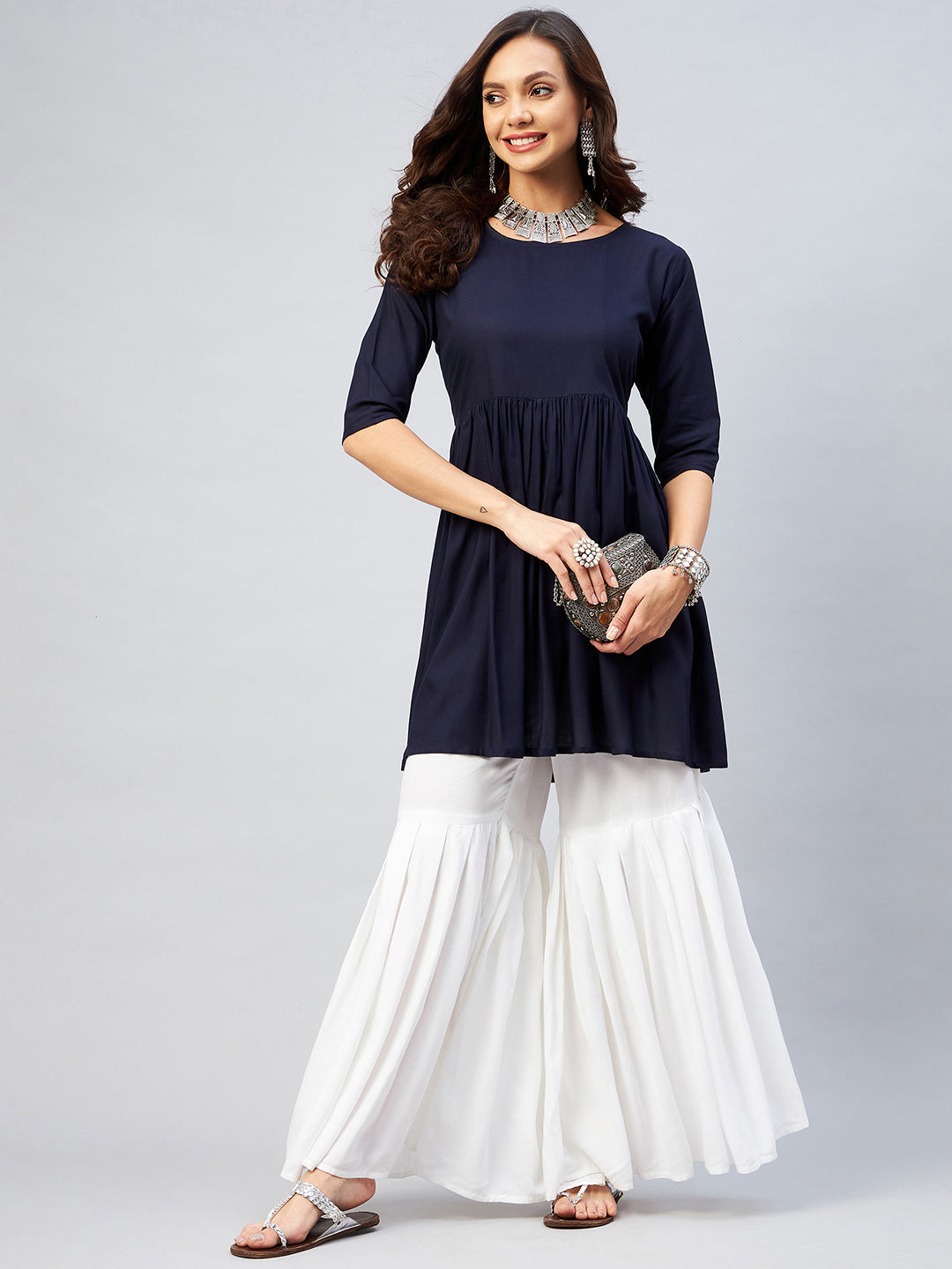 InWeave Women's Navy Blue Short Anarkali Kurta