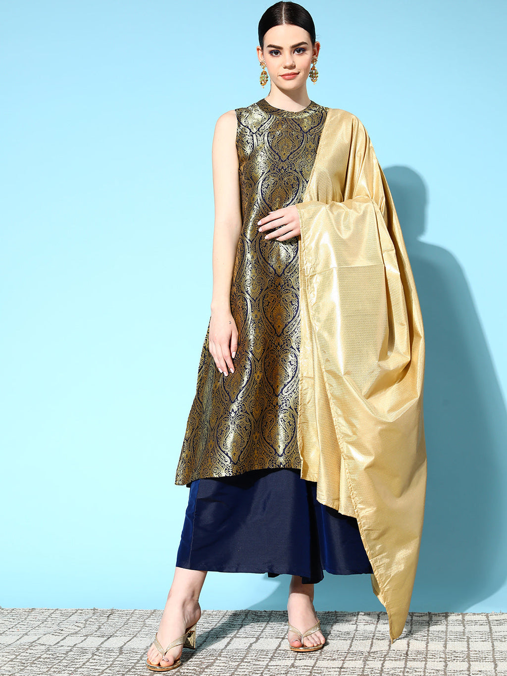 InWeave Women's Blue Banarasi Halter Kurta Set With Golden Dupatta