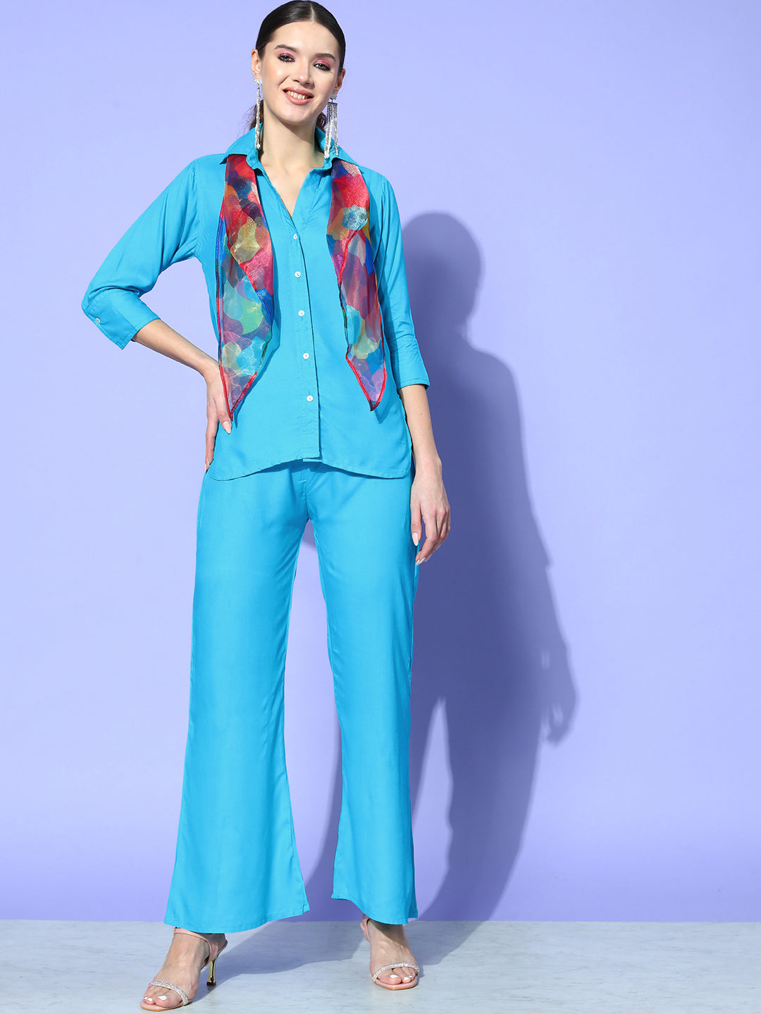 InWeave Women's Aqua Blue Coord Set With Maroon Abstract Scarf