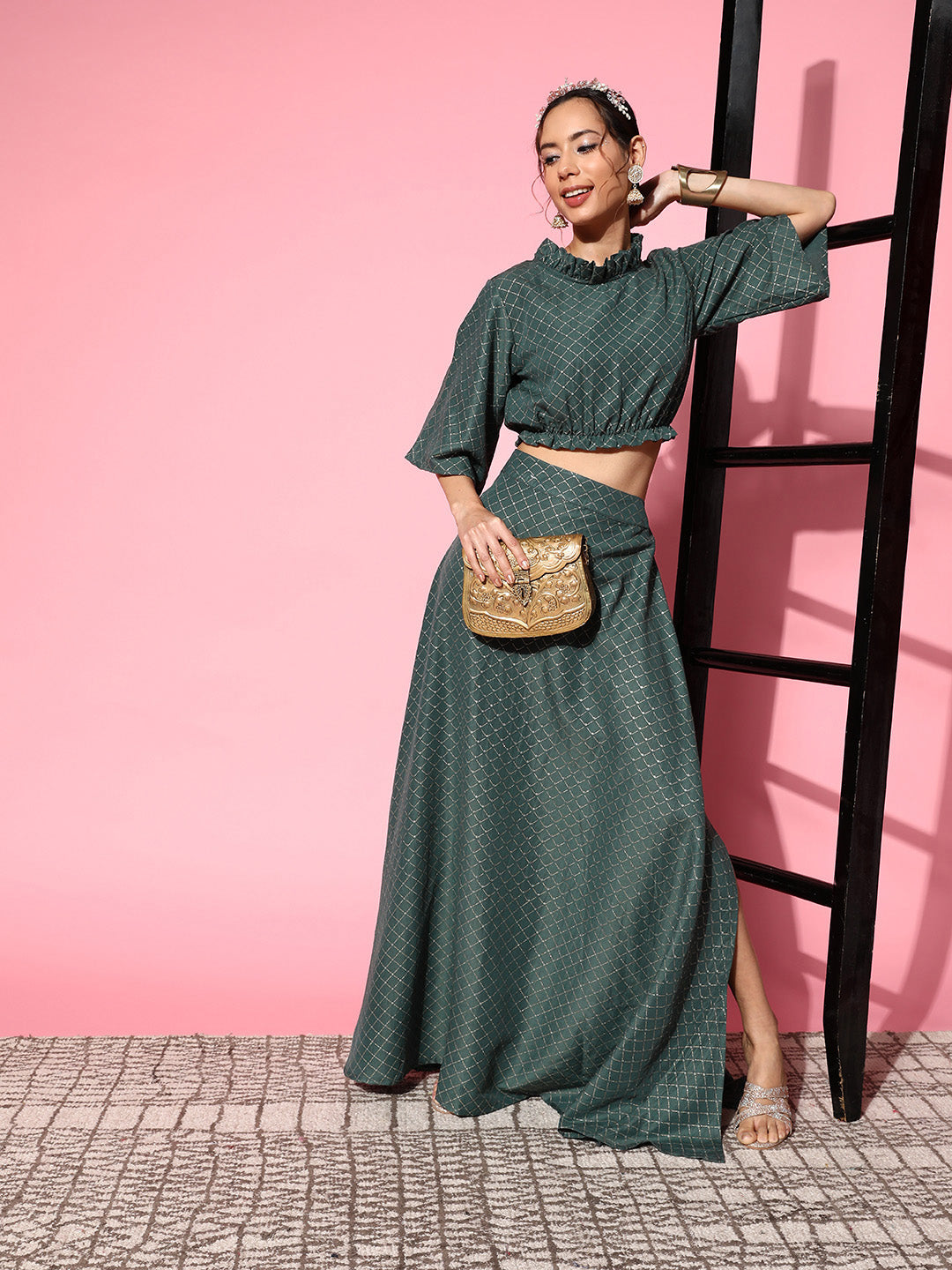 InWeave Women's Hunter Green Gold Crop Top With Side Slit Skirt