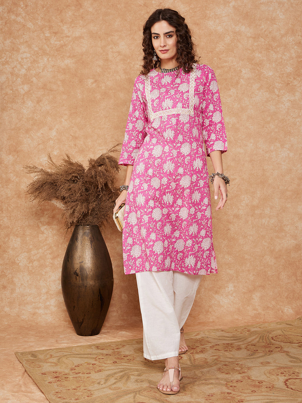 InWeave Women's Pink White Floral Square Lace Work Straight Kurta