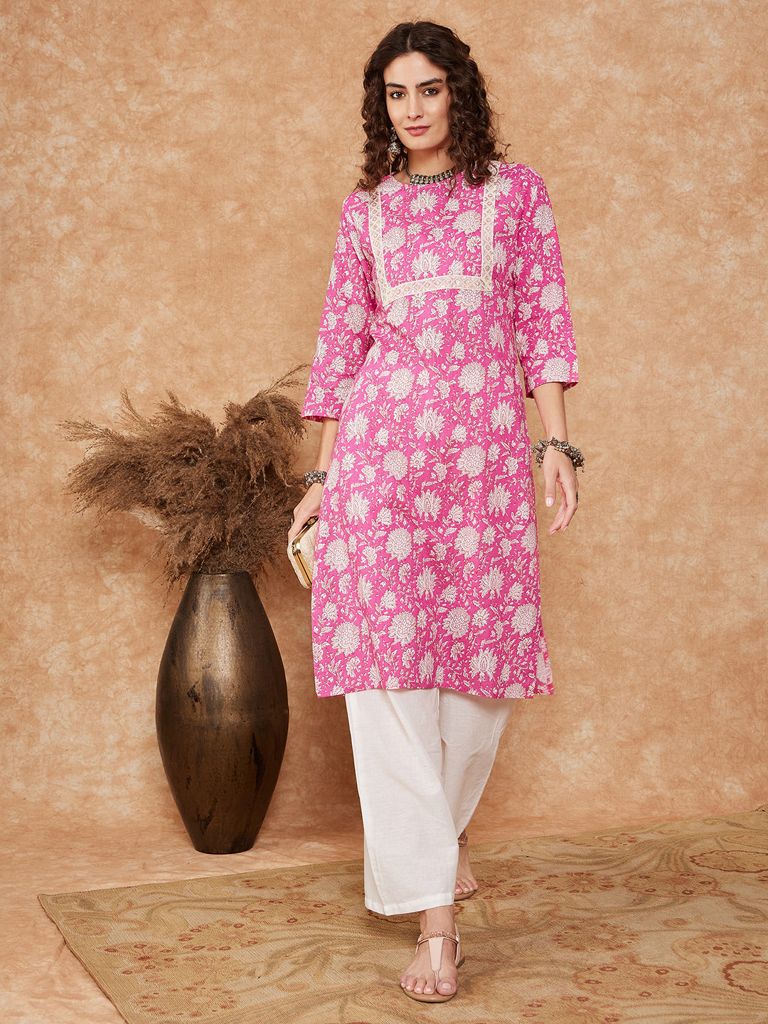 InWeave Women's Pink White Floral Square Lace Work Straight Kurta