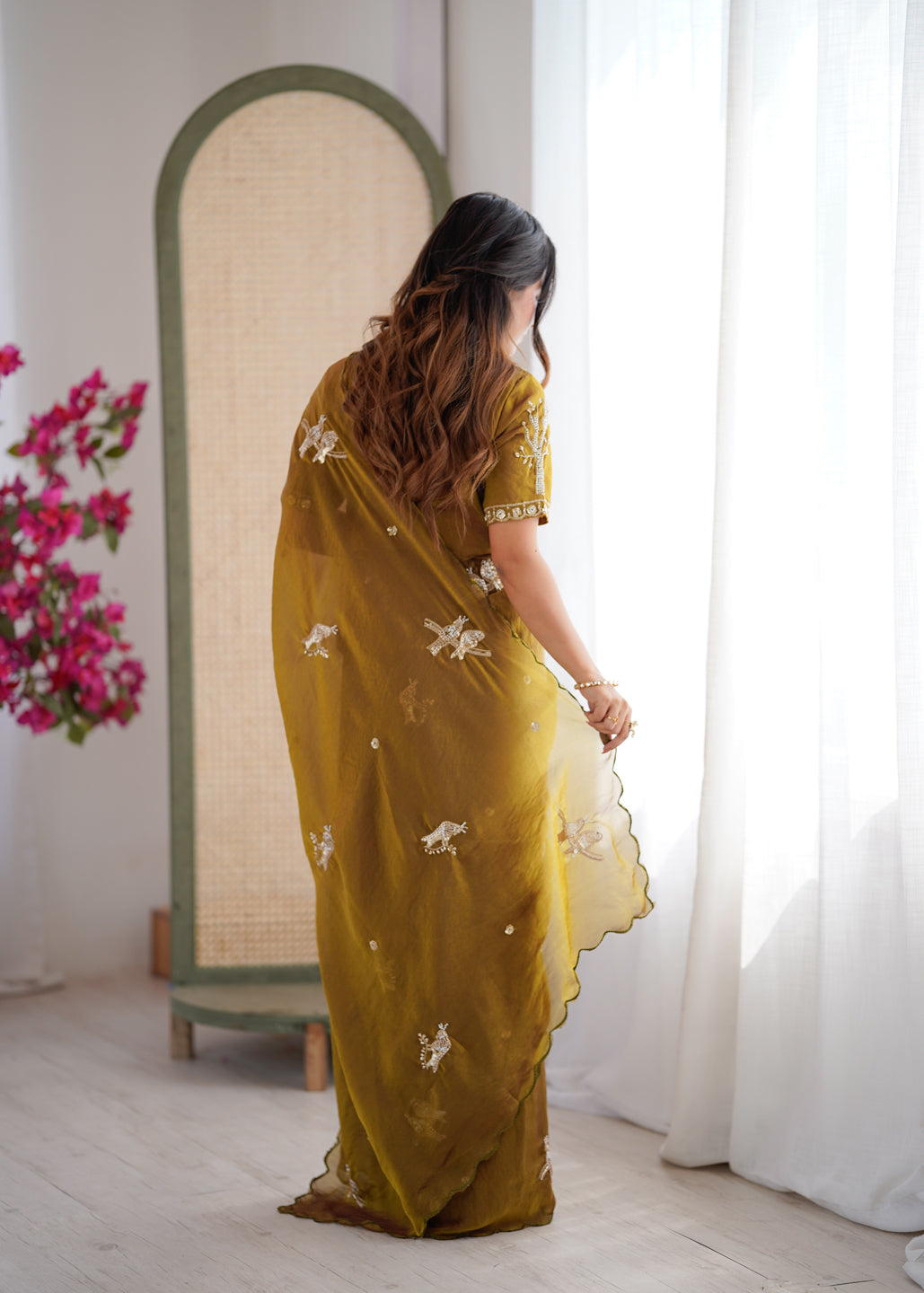 Evanik Mehendi Mos Silk With Handwork Butterfly Design Saree With Unstitched Blouse