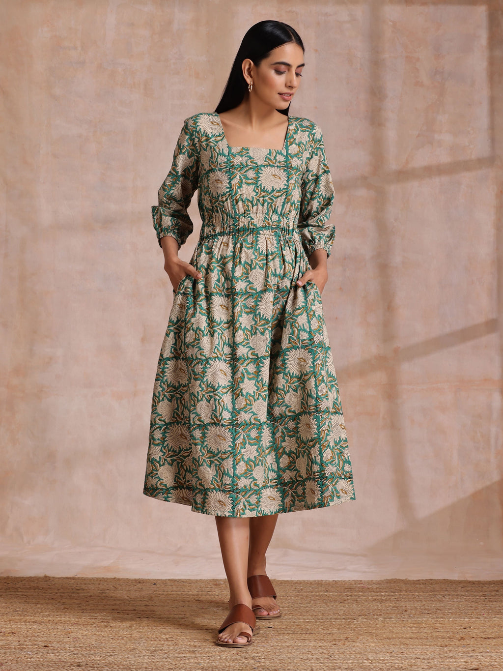 trueBrowns Fern Green Overall Floral Block Print Cotton Square Neck Dress