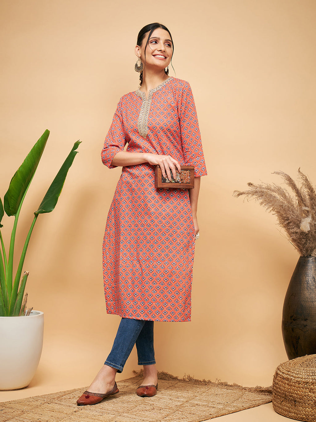 InWeave Women's Coral Blue Boota Print Gota Straight Kurta