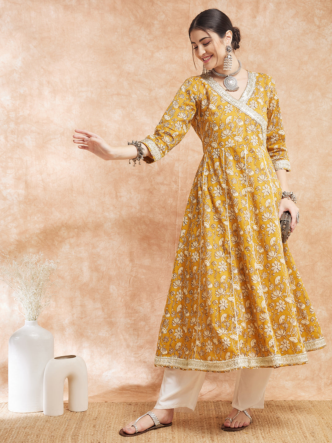 InWeave Women's Mustard Printed Gota Embroidered Anarkali Kurta