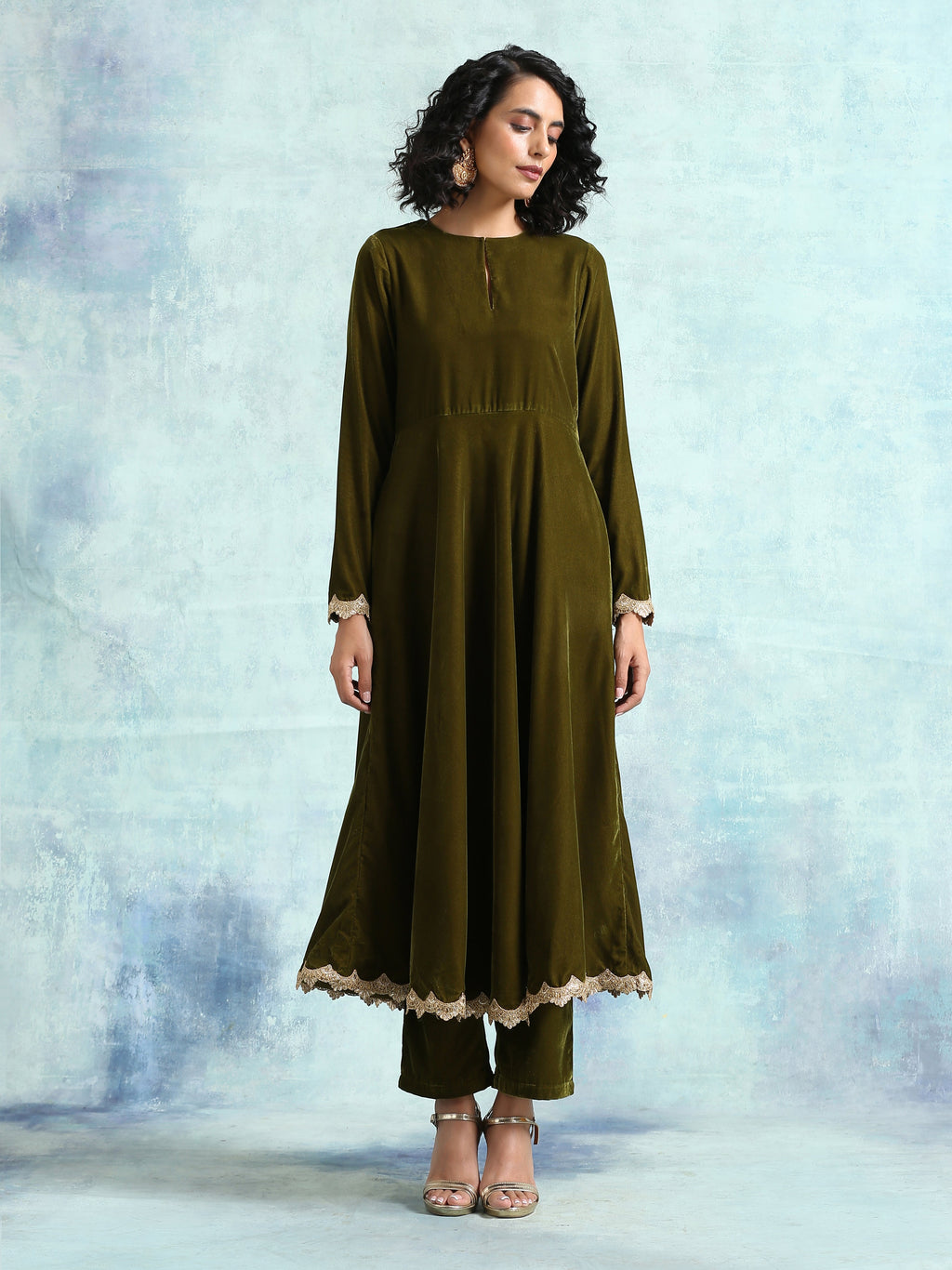 trueBrowns Mehandi Velvet Anarkali Kurta